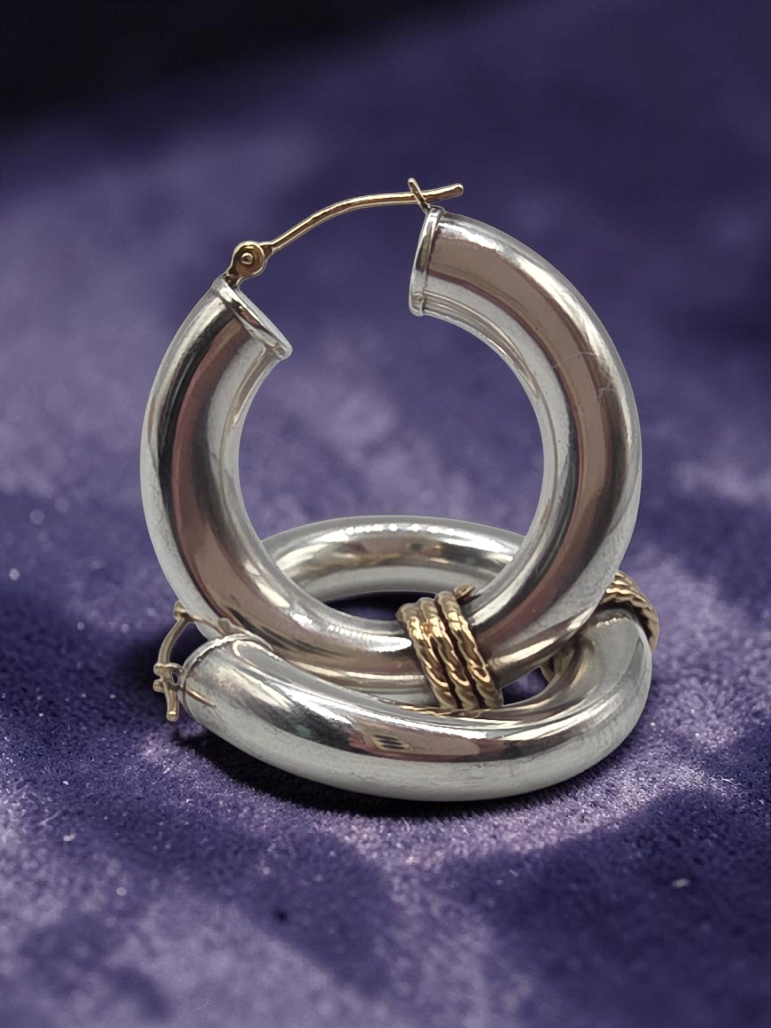 925 Sterling Silver Hoop Earrings with Solid 14K Gold Twisted Rope Accents
