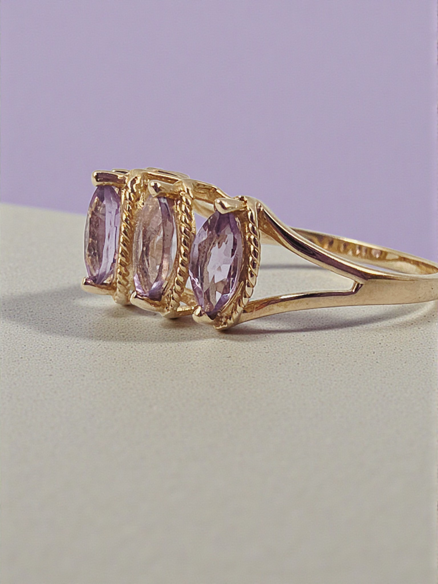Solid 10K Yellow Gold Ring with Marquise Cut Amethysts Size 7