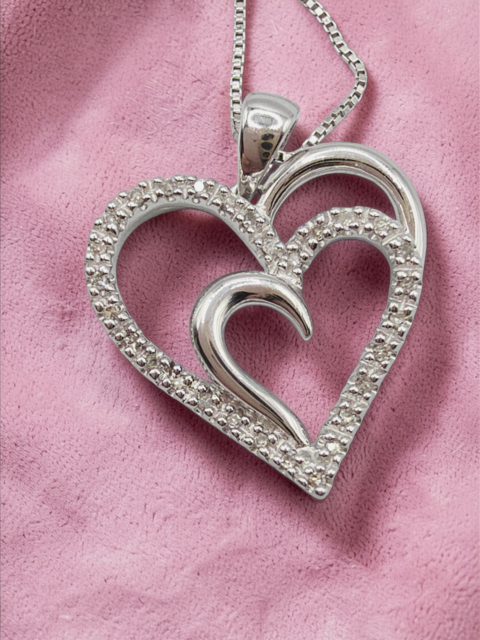 Sun Jewelry 925 Sterling Silver Double Heart Diamond Pendant Necklace - 18 Inch