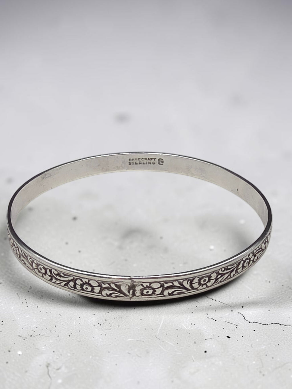 Sterling Silver Embossed Floral Repousse Bangle Bracelet 8.25 Inch
