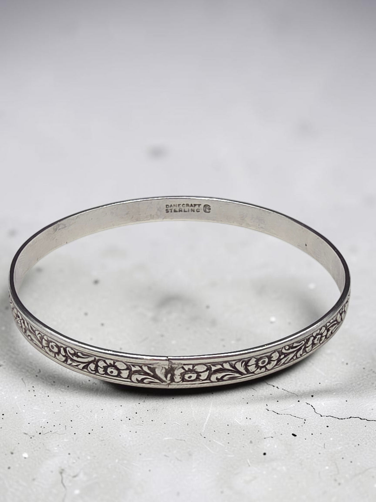 Sterling Silver Embossed Floral Repousse Bangle Bracelet 8.25 Inch