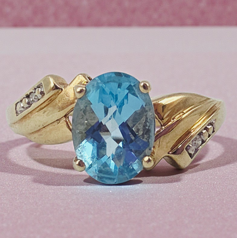 Solid 10K Yellow Gold Ring with Oval-Cut Blue Topaz & Diamond Accents Size 7