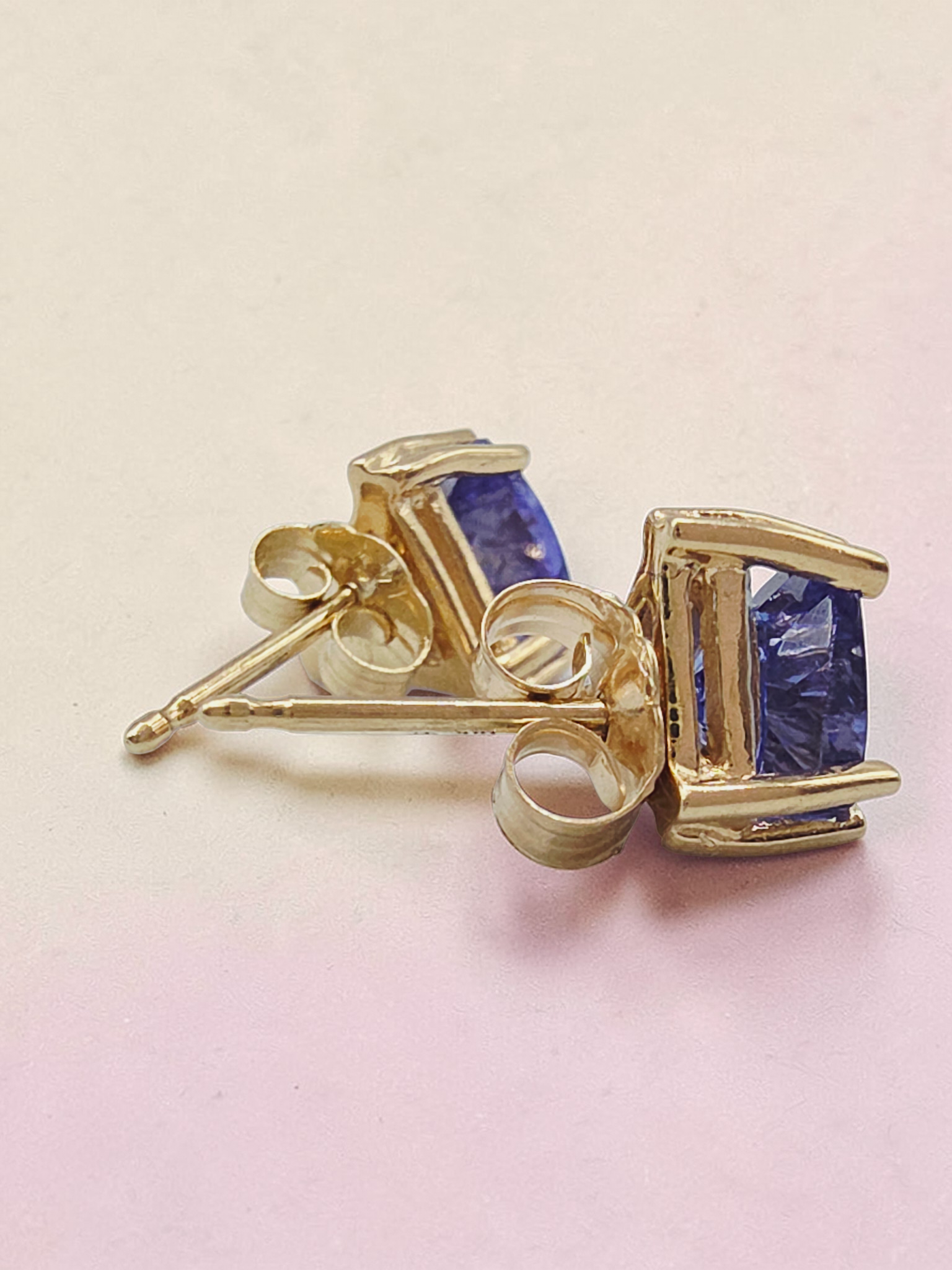 Solid 14K Yellow Gold Trillion Cut Iolite Stud Earrings - Eagle Prongs