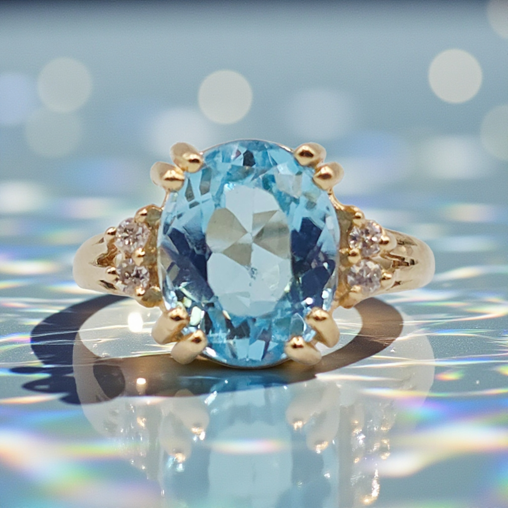 Solid 14K Yellow Gold Ring with Blue Topaz and Diamond Accents – Size 7.25