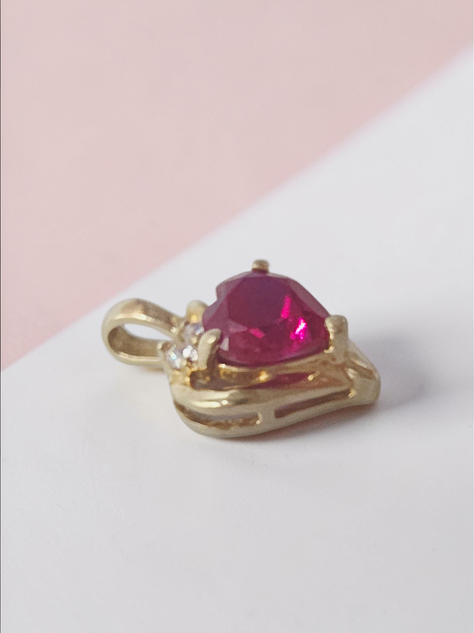 Solid 10K Yellow Gold Ruby Heart Necklace Pendant with CZ Accents