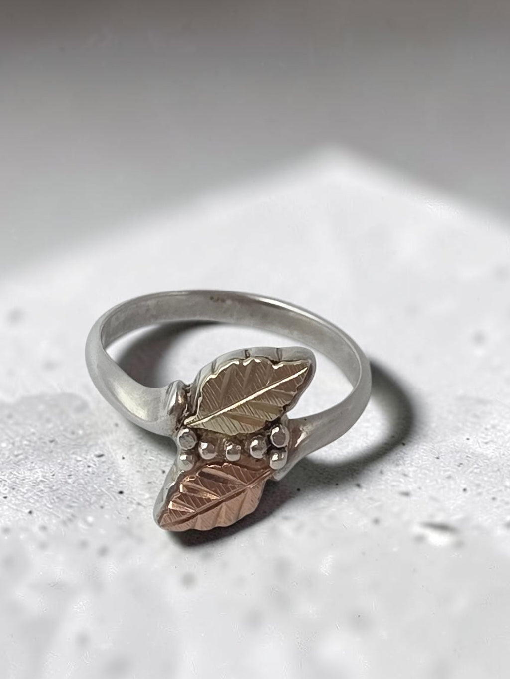 Black Hills Sterling Silver Ring with Solid 12K Gold Leaf Accents - Size 6
