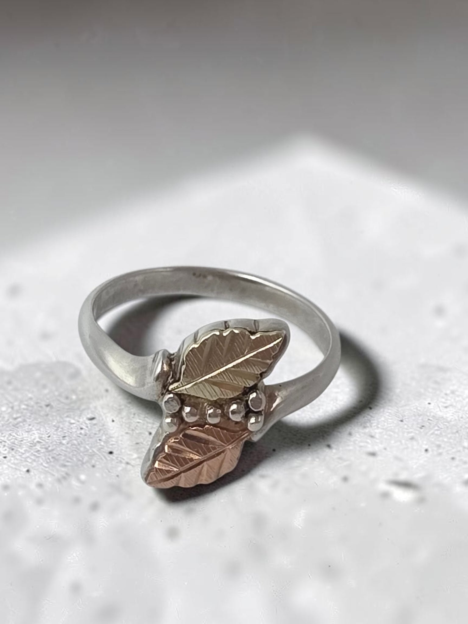 Black Hills Sterling Silver Ring with Solid 12K Gold Leaf Accents - Size 6