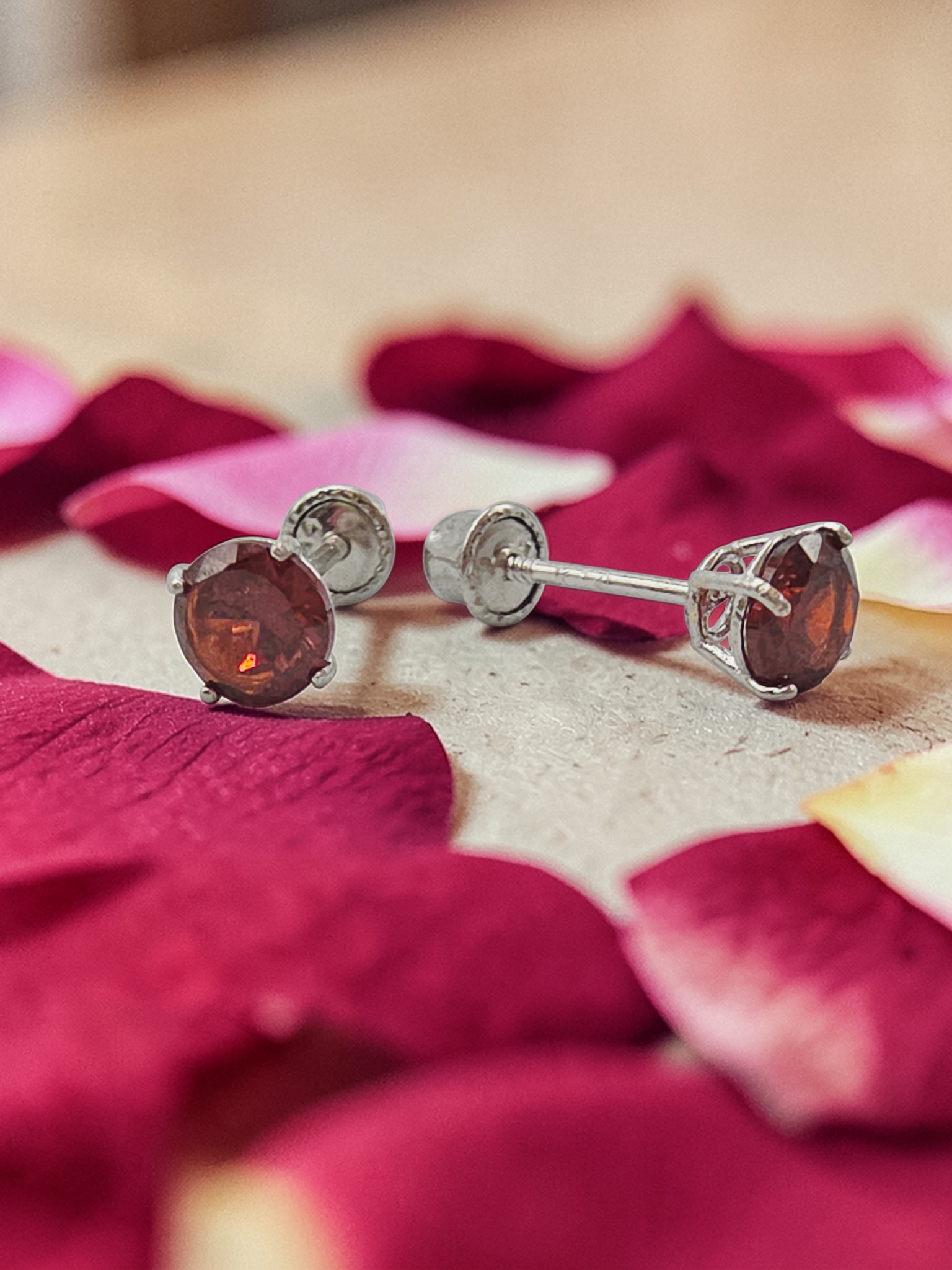 Solid 14K White Gold Garnet Stud Earrings - Screwbacks