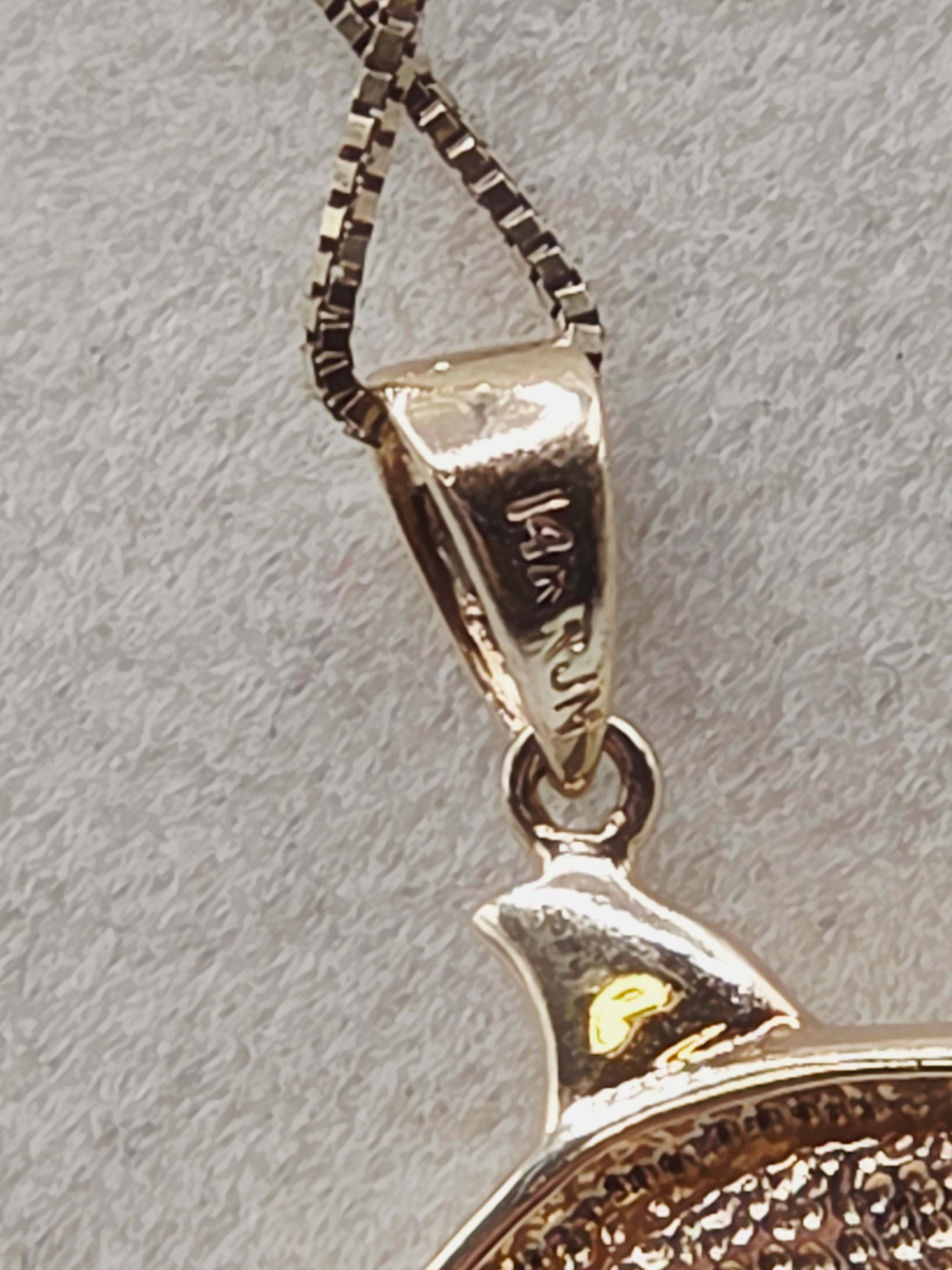 Solid 14K Yellow Gold Necklace with Opal Dolphin Pendant 17 Inches