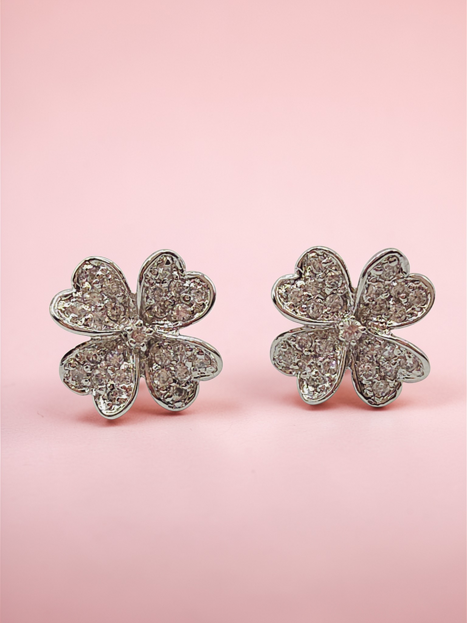 925 Sterling Silver Heart Leaf Clover Stud Earrings with CZ Accents