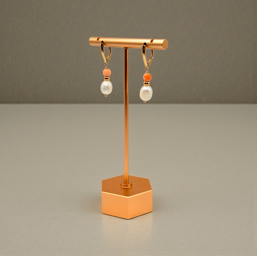 Solid 14K Yellow Gold Dangle Earrings with Coral Beads and Pearls