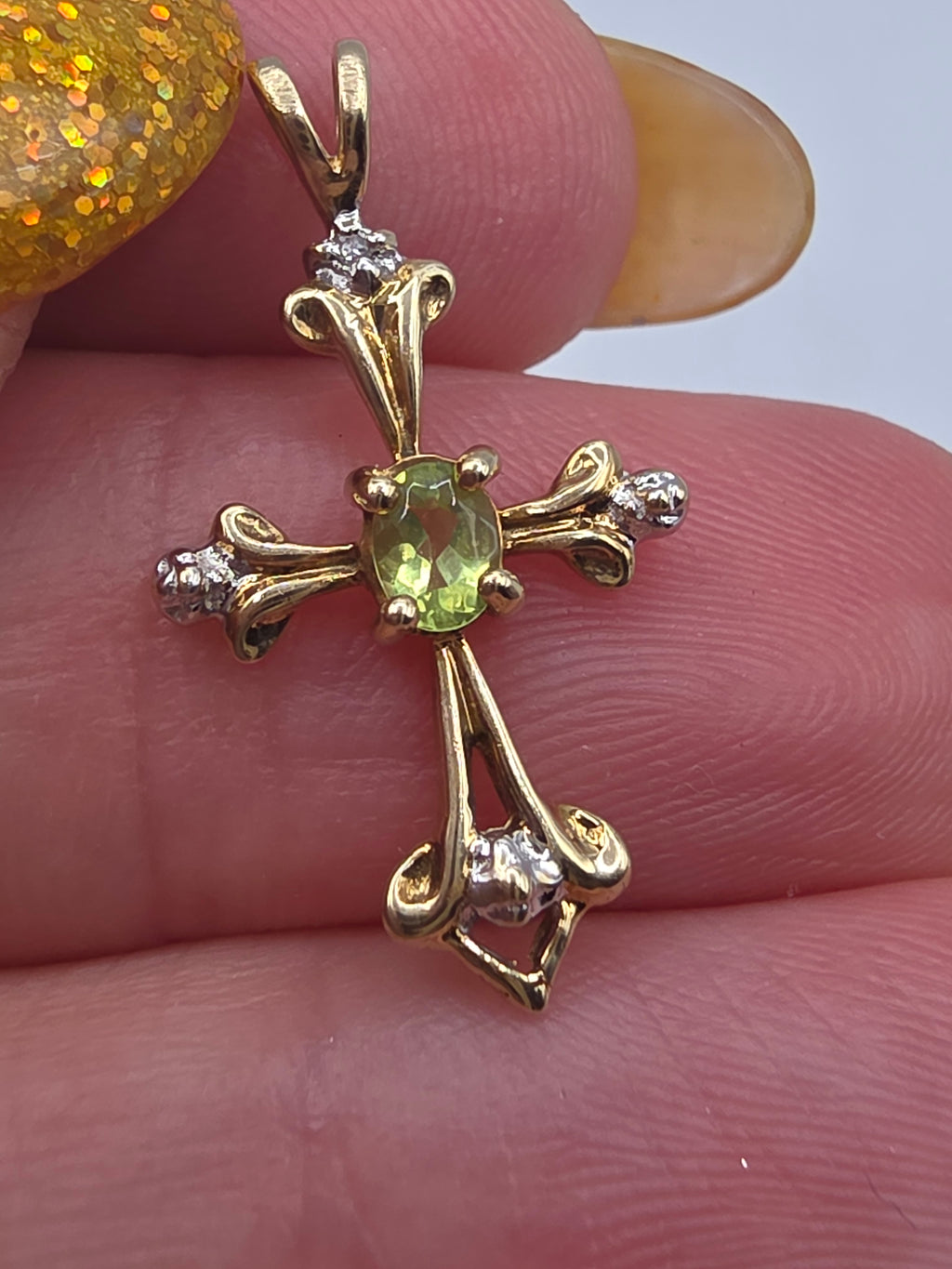 Solid 10K Yellow Gold Oval Peridot Cross Pendant with Diamond Accent