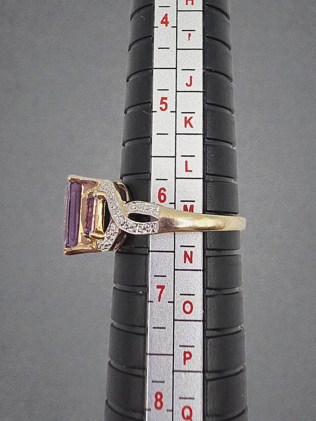 Solid 10K Yellow Gold Ring with Amethysts & Diamond Accents - Size 6.25