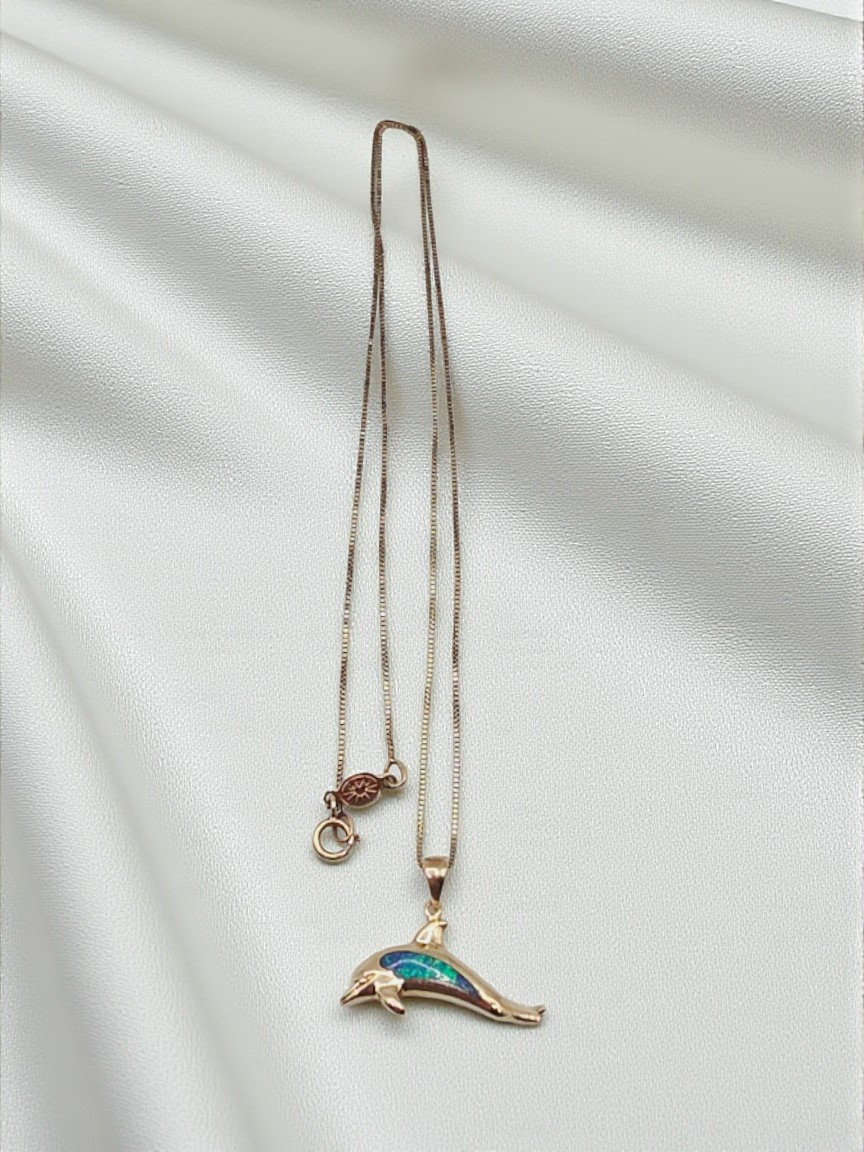 Solid 14K Yellow Gold Necklace with Opal Dolphin Pendant 17 Inches