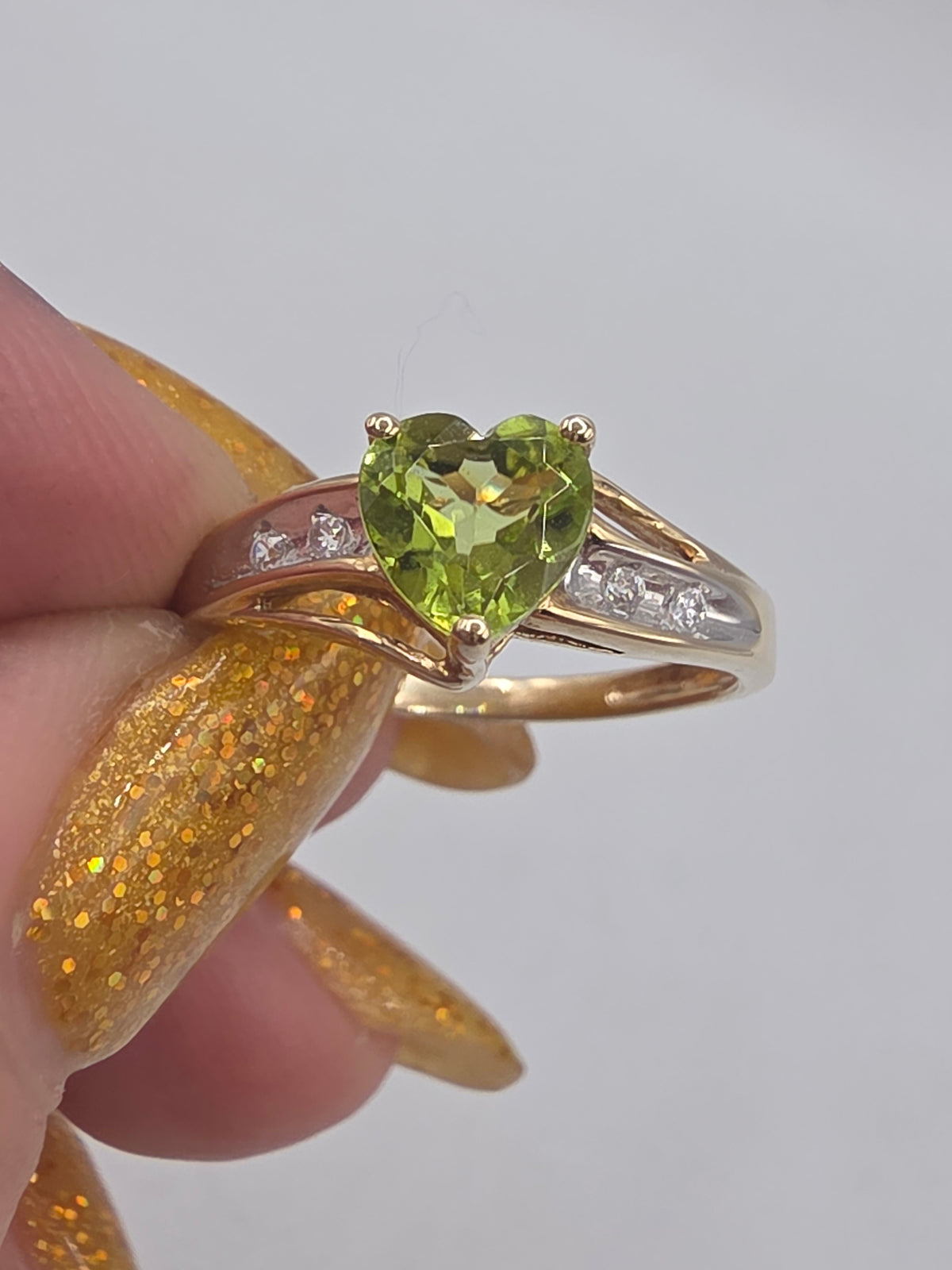 Solid 10K Yellow Gold Heart Cut Green Peridot Ring with CZ Accents - Size 6