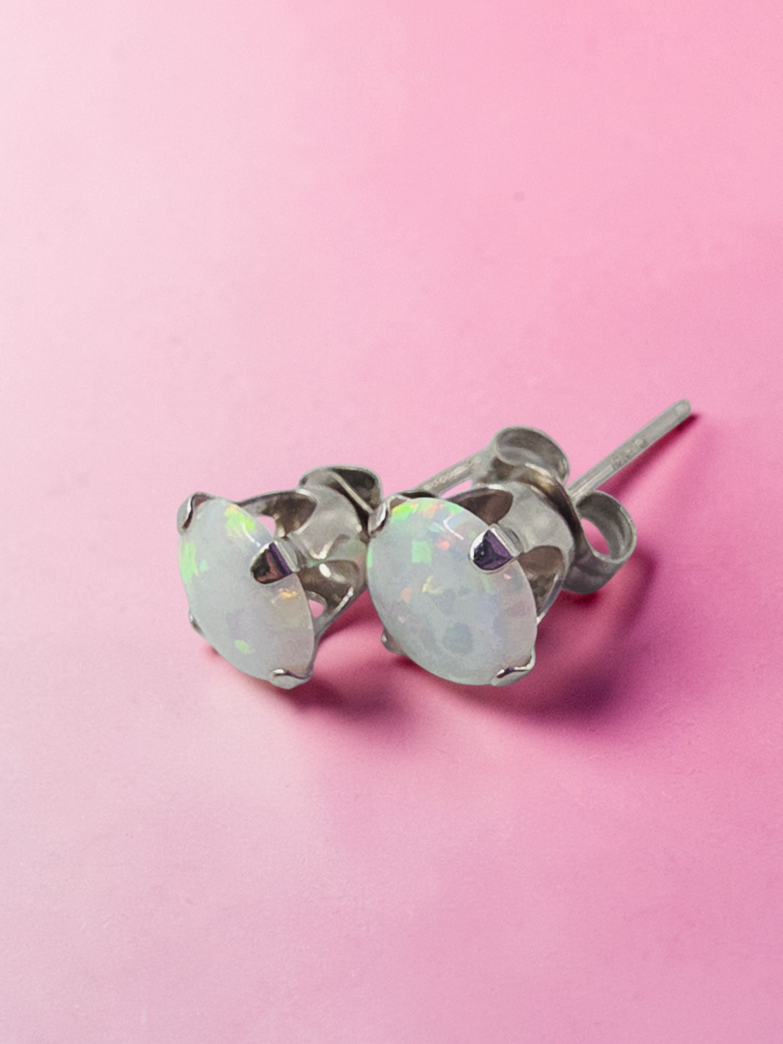 Solid 10K White Gold Opal Stud Earrings Round Cabochon October Birthstone