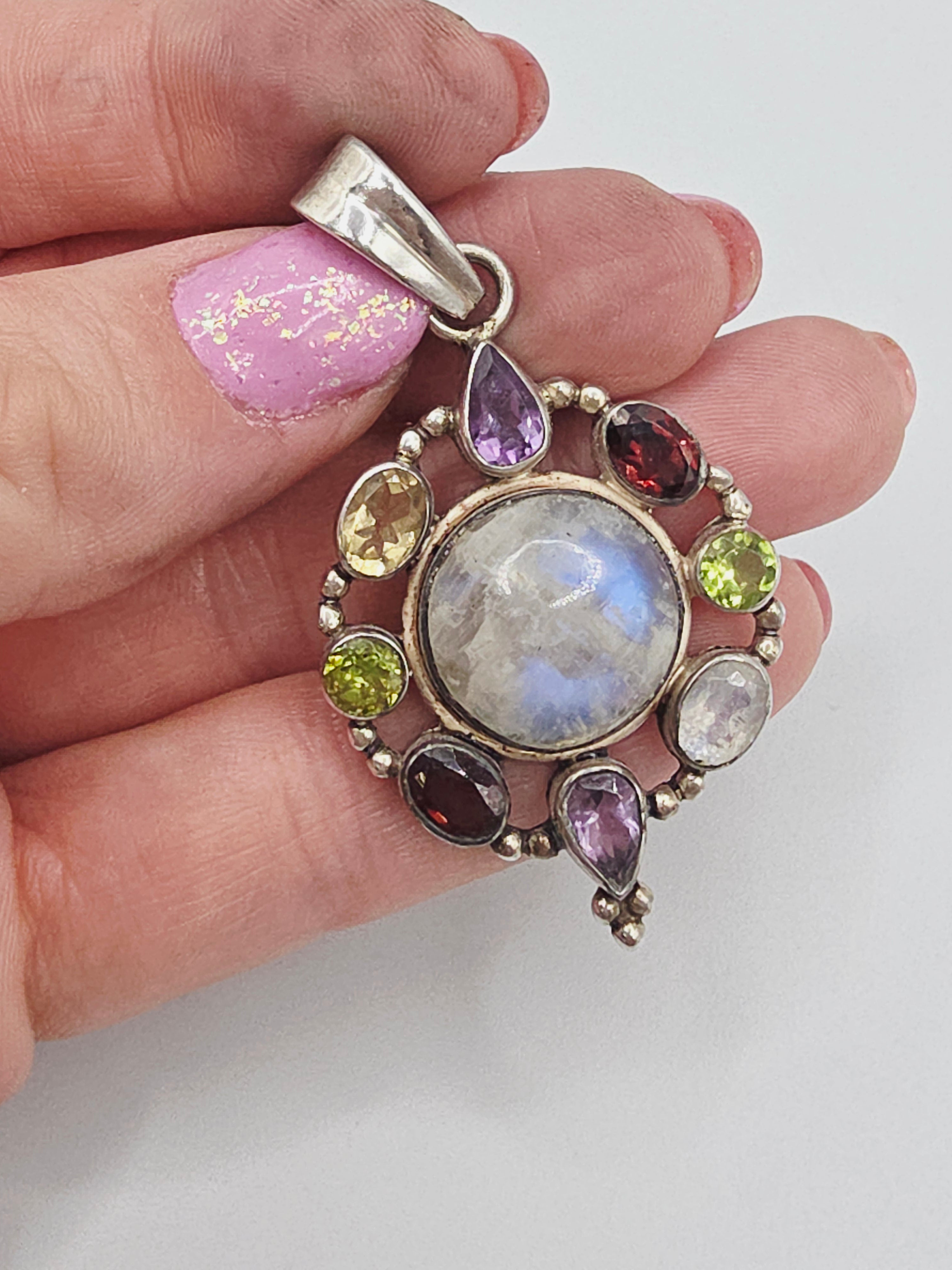 925 Sterling Silver Moonstone Pendant with Amethyst Garnet Peridot Halo