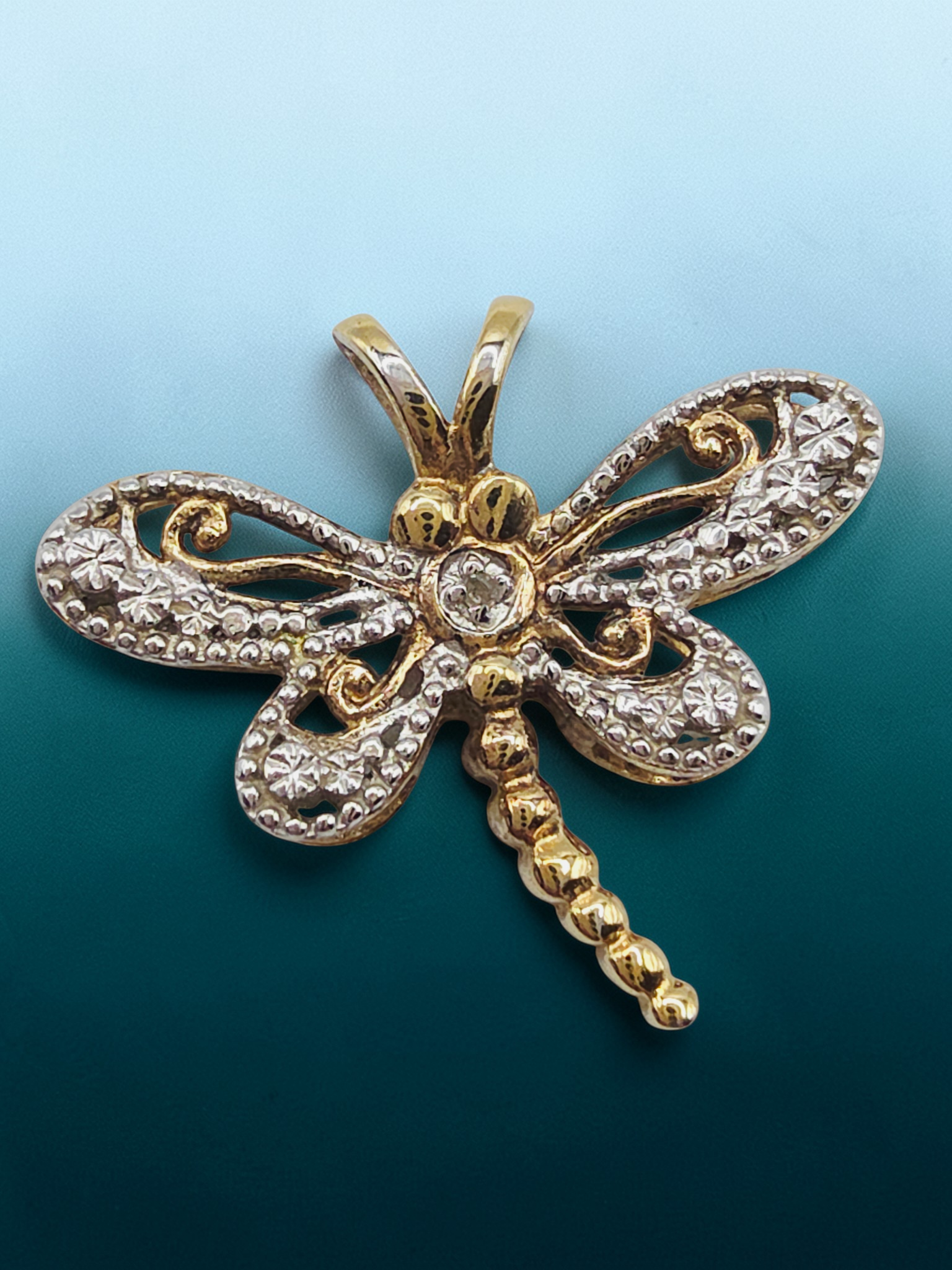 Gold Vermeil 925 Sterling Silver Dragonfly Pendant with Diamond Accent