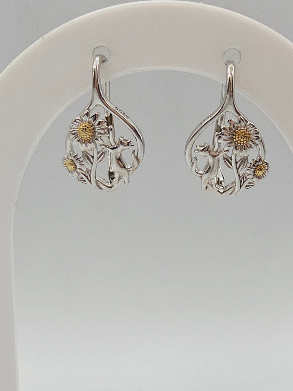 925 Sterling Silver Kitty Cat & Sunflower Leverback Drop Earrings with 24K Gold Accents