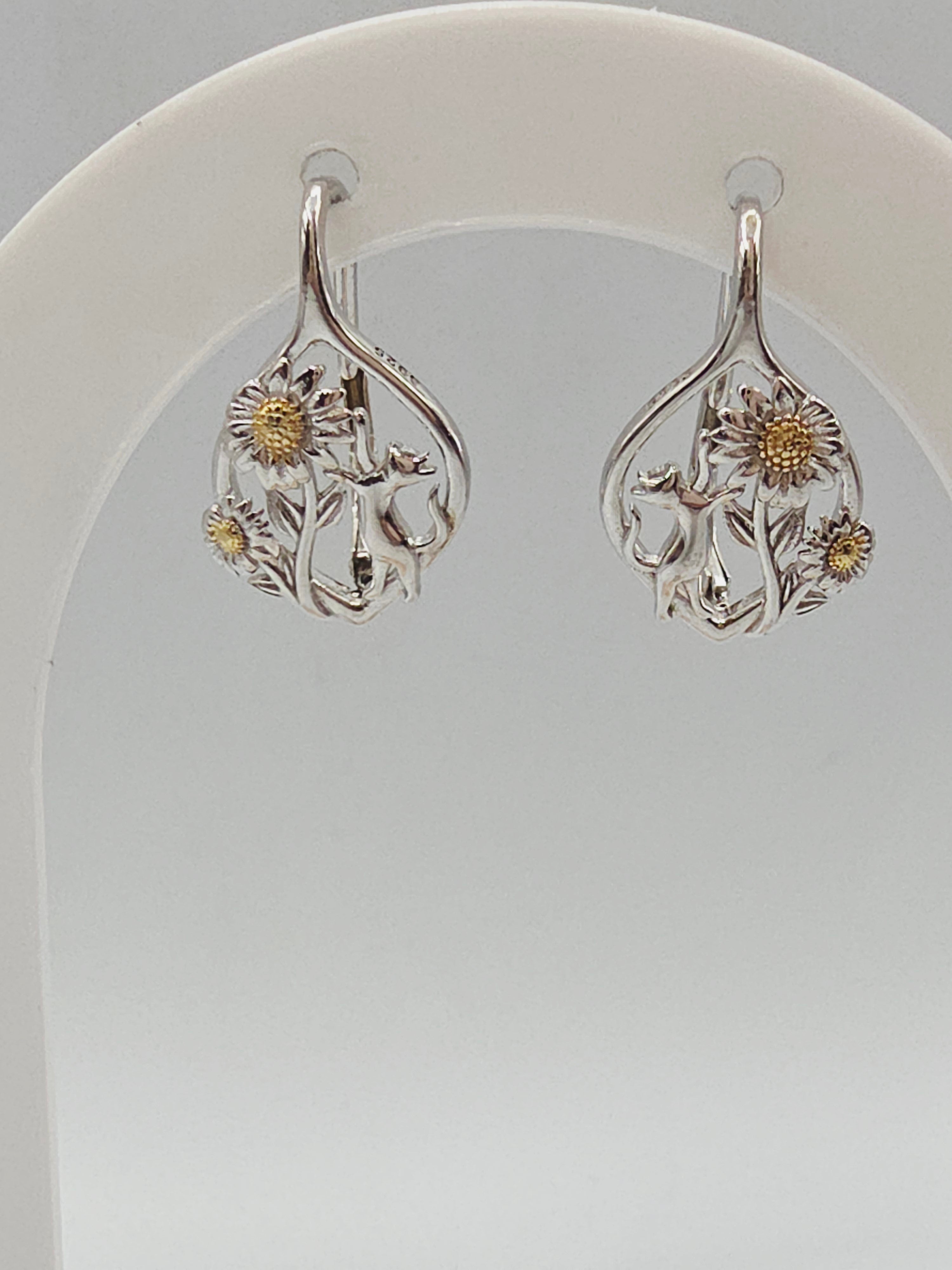925 Sterling Silver Kitty Cat & Sunflower Leverback Drop Earrings with 24K Gold Accents