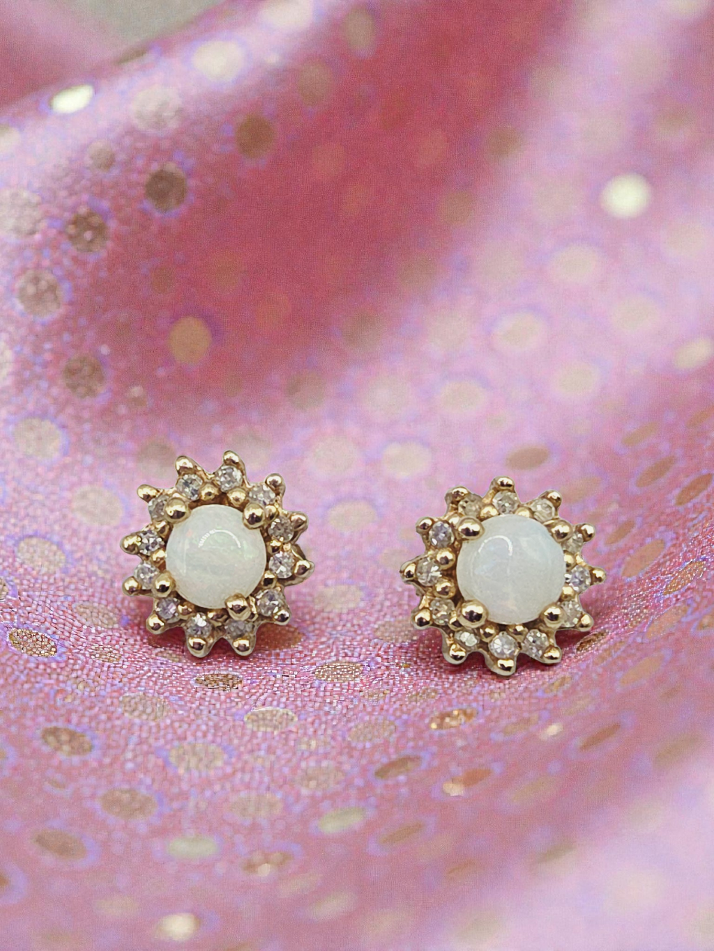 Solid 10K Yellow Gold Opal and Diamond Halo Stud Earrings