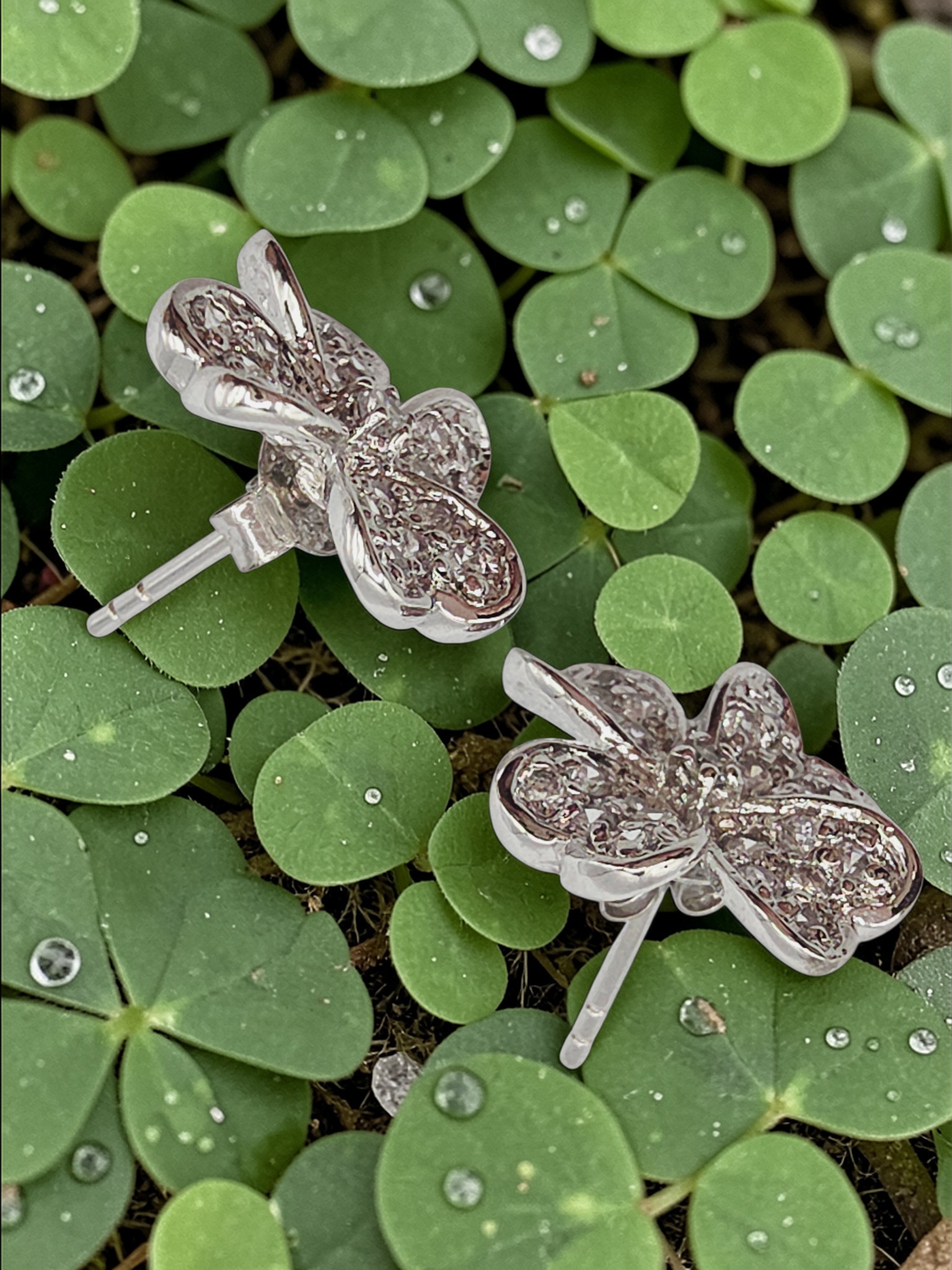 925 Sterling Silver Heart Leaf Clover Stud Earrings with CZ Accents