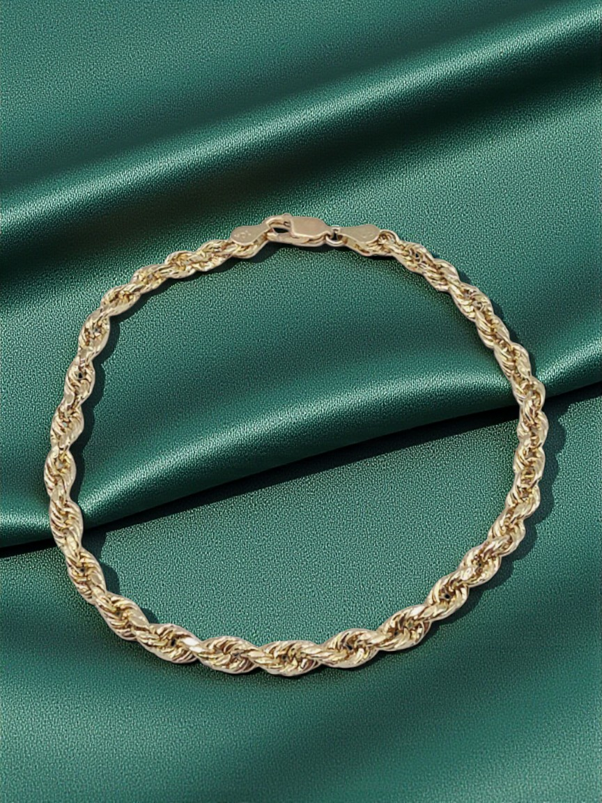 Solid 10K Yellow Gold Rope Chain Bracelet 8.25 Inches