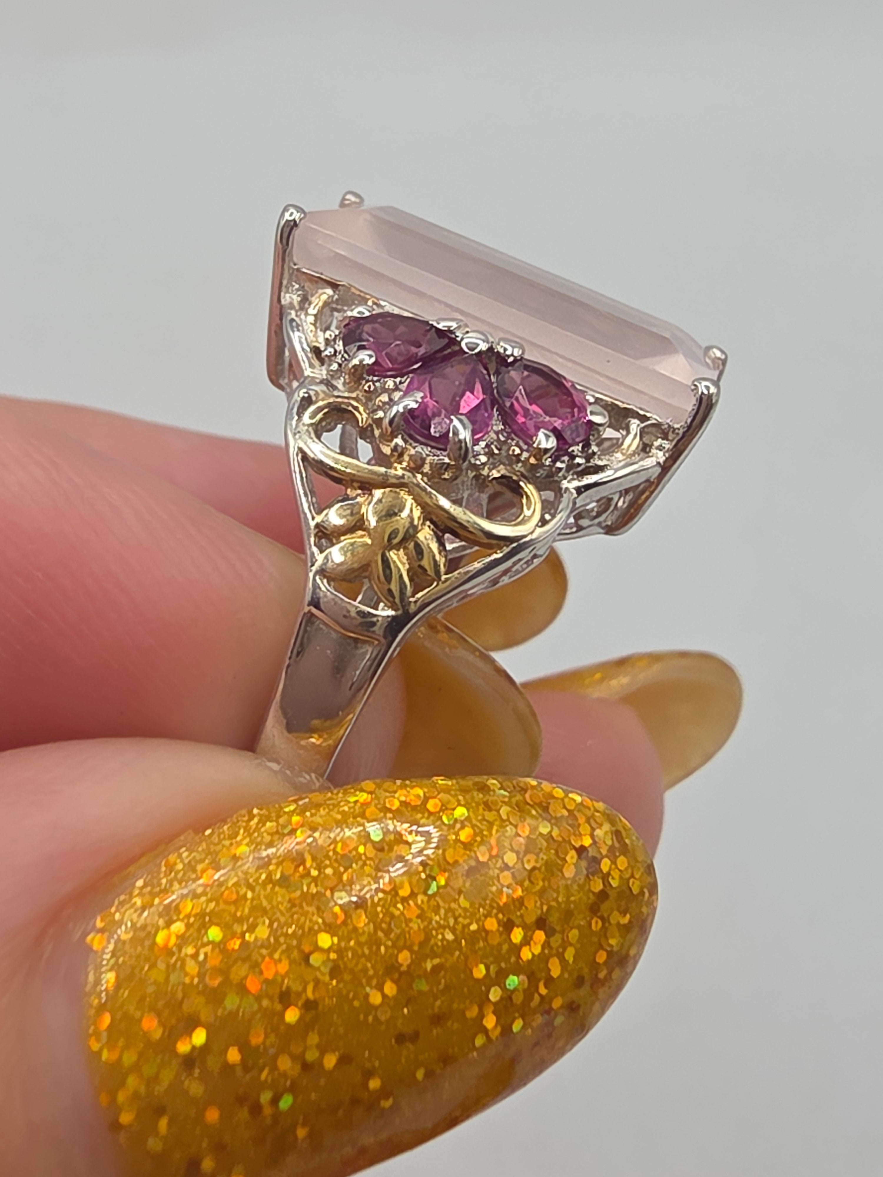 STS Jewels Sterling Silver Pink Quarts & Rhodolite Ring 18K Gold Accents Size 7