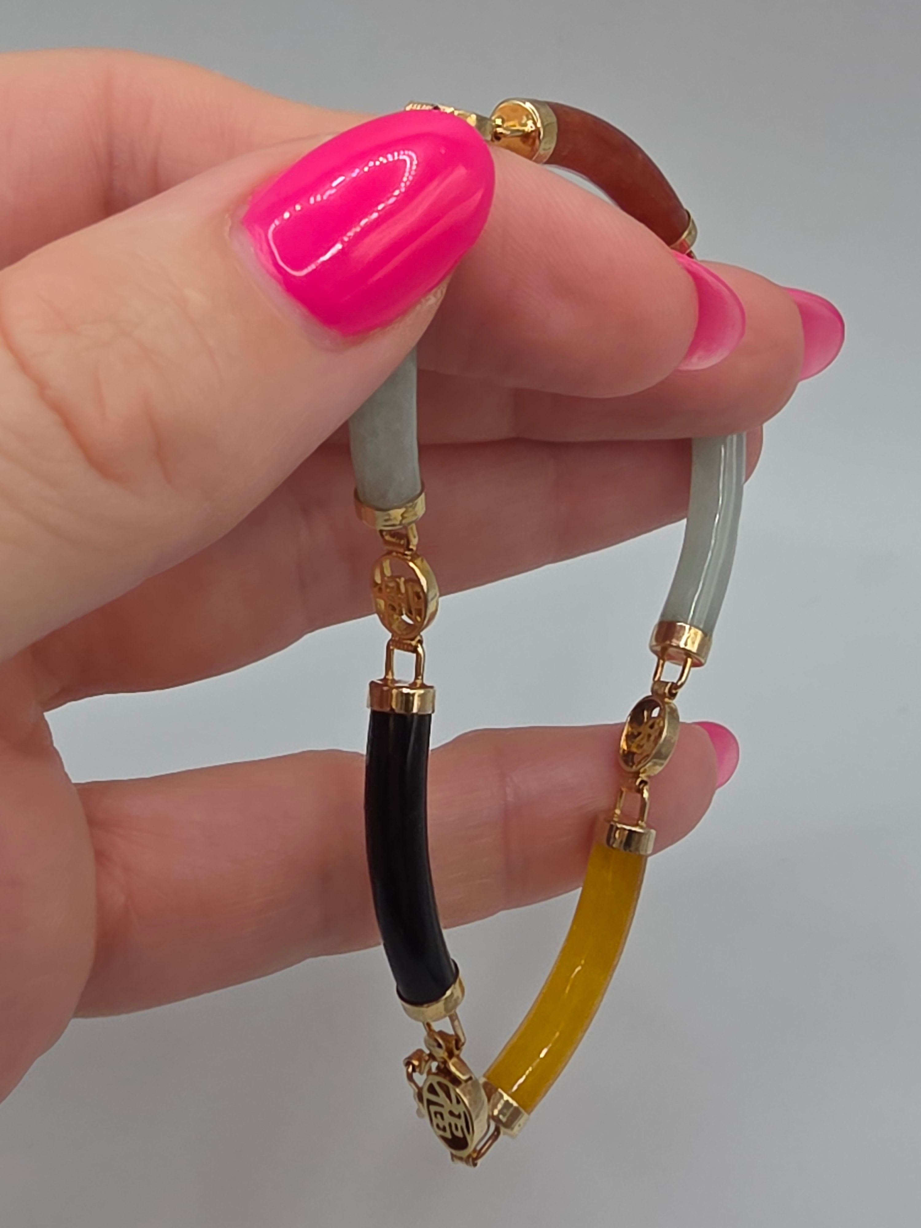 Rainbow Multi Color Jade Sterling Silver 18K Gold Vermeil Bracelet 8 Inch