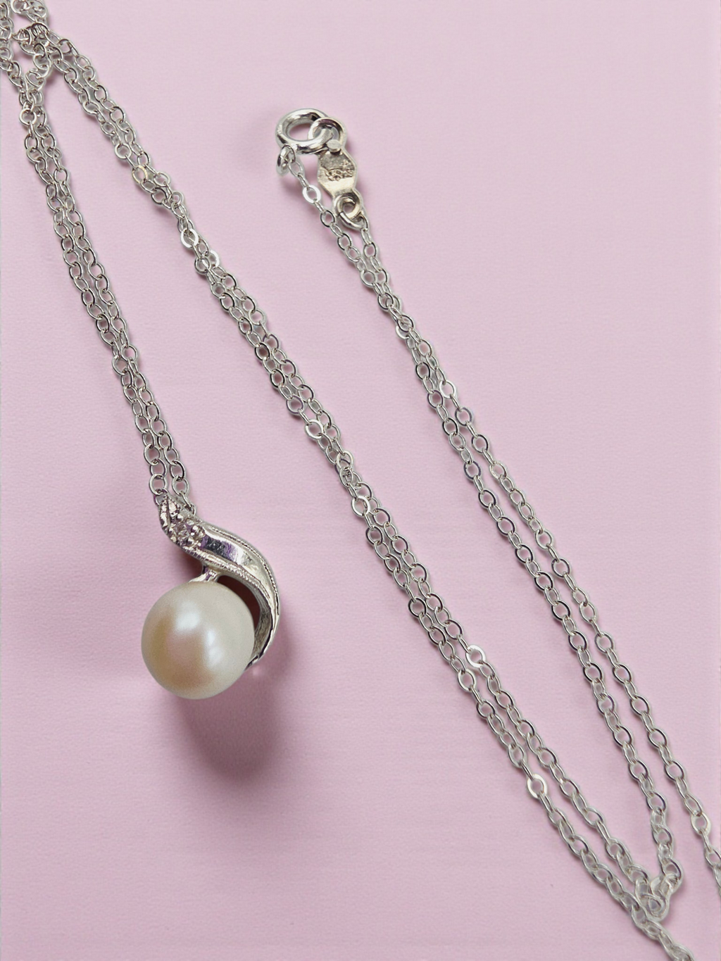 Solid 14K White Gold Necklace with Pearl and Diamond Pendant - 14.5 Inch