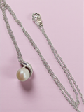 Solid 14K White Gold Necklace with Pearl and Diamond Pendant - 14.5 Inch
