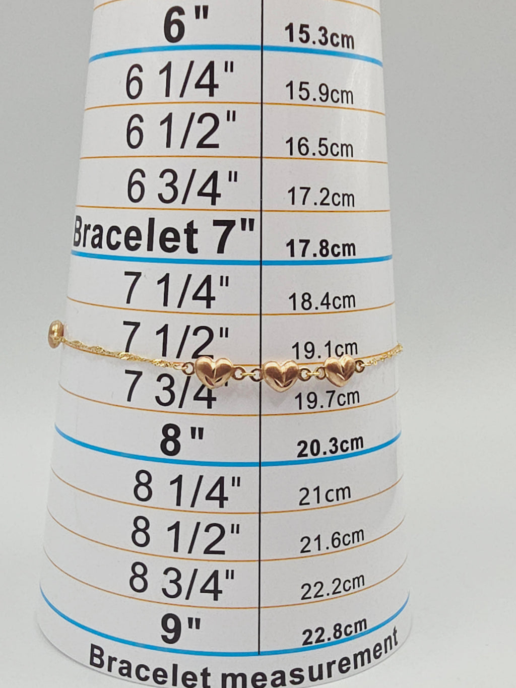 Solid 14K Yellow Gold Bracelet with 3D Rose Gold Hearts - 7.5 Inches