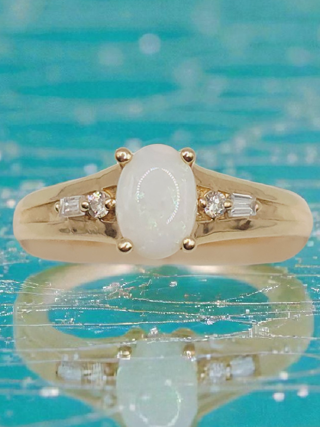 Solid 14K Yellow Gold Ring with Oval-Cut Opal and Diamond Accents - Size 7.25