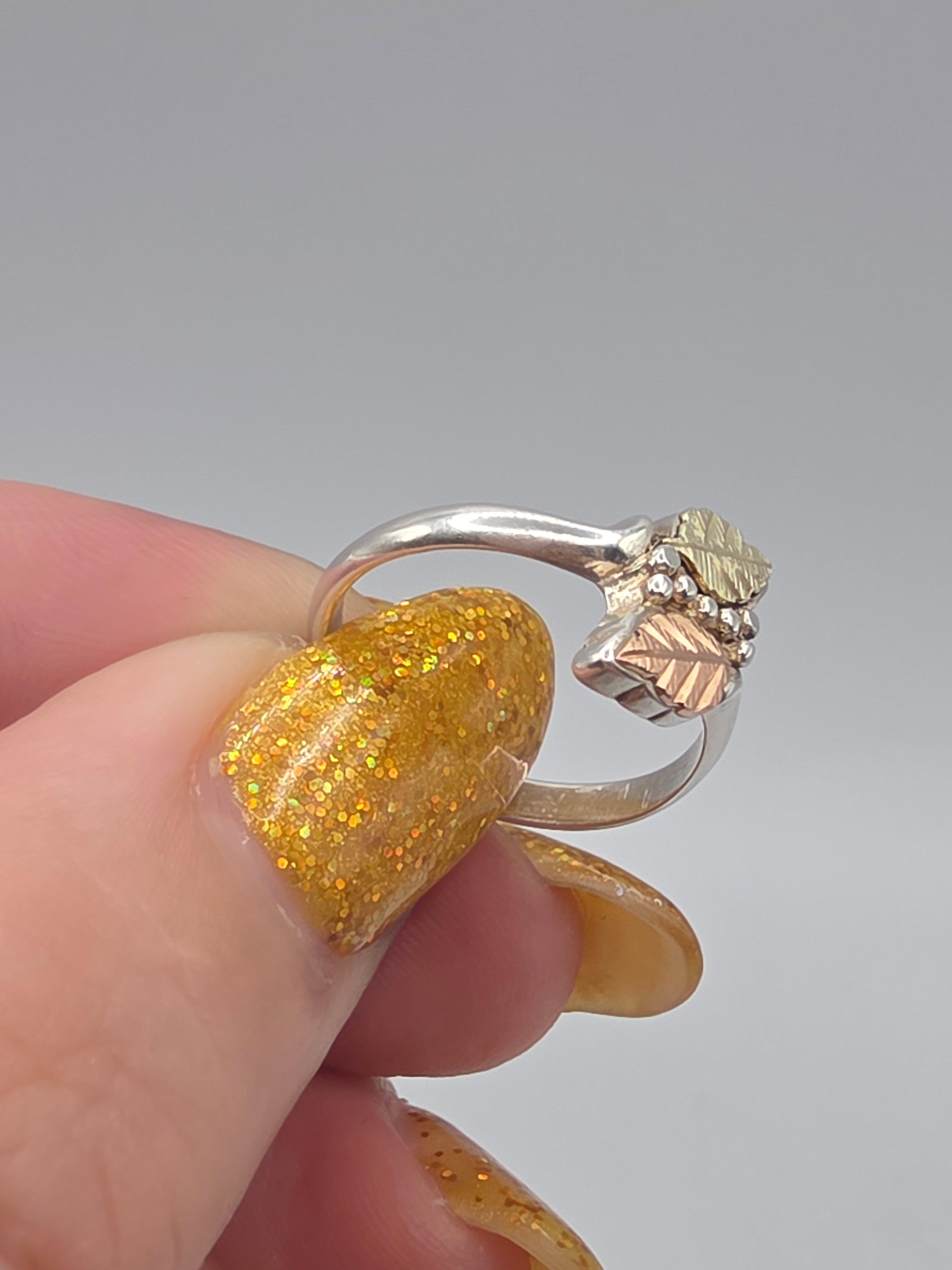Black Hills Sterling Silver Ring with Solid 12K Gold Leaf Accents - Size 6