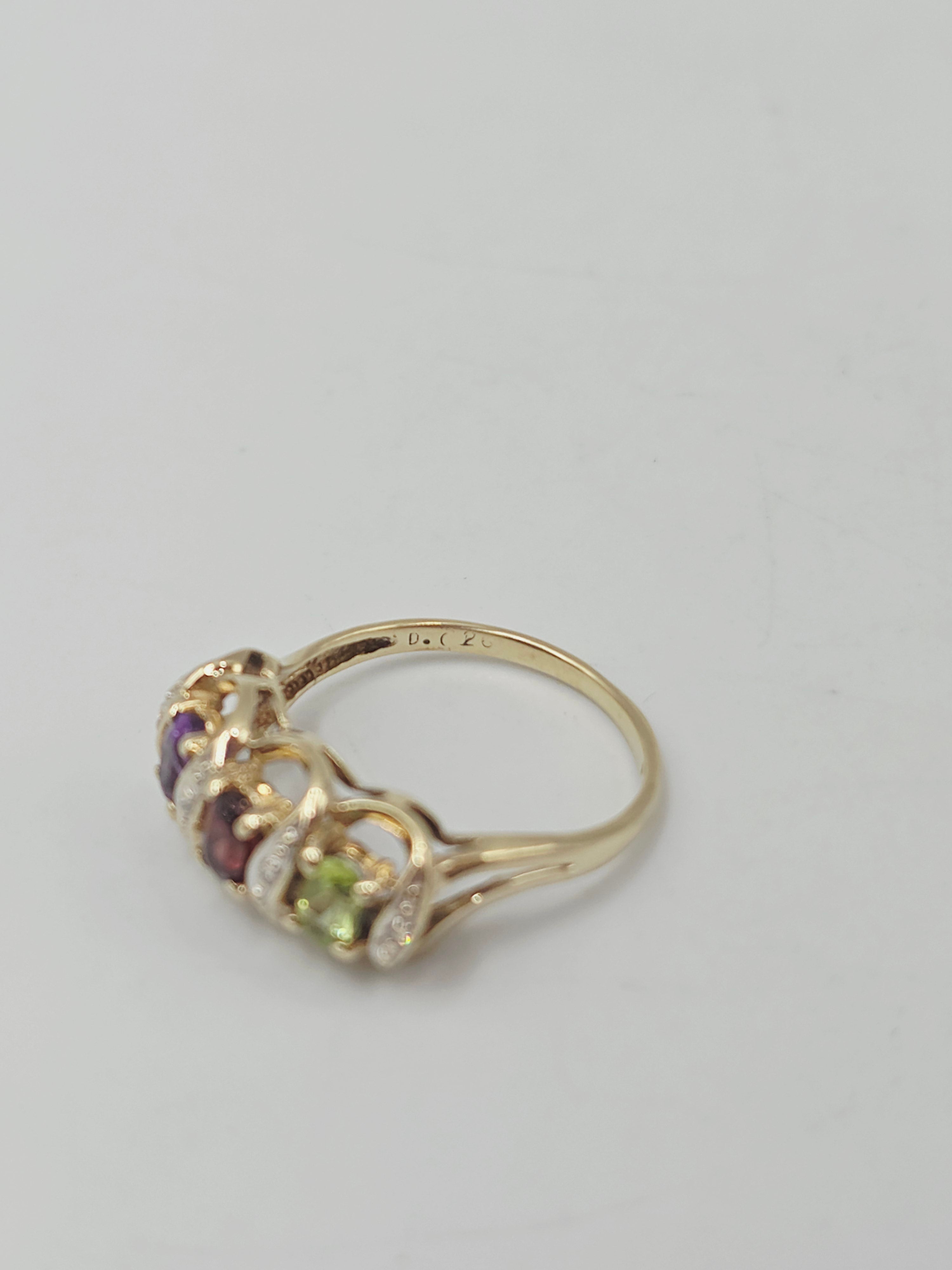 Solid 9K Gold Ring with Peridot, Garnet, Amethyst and Diamonds - Size 7.5