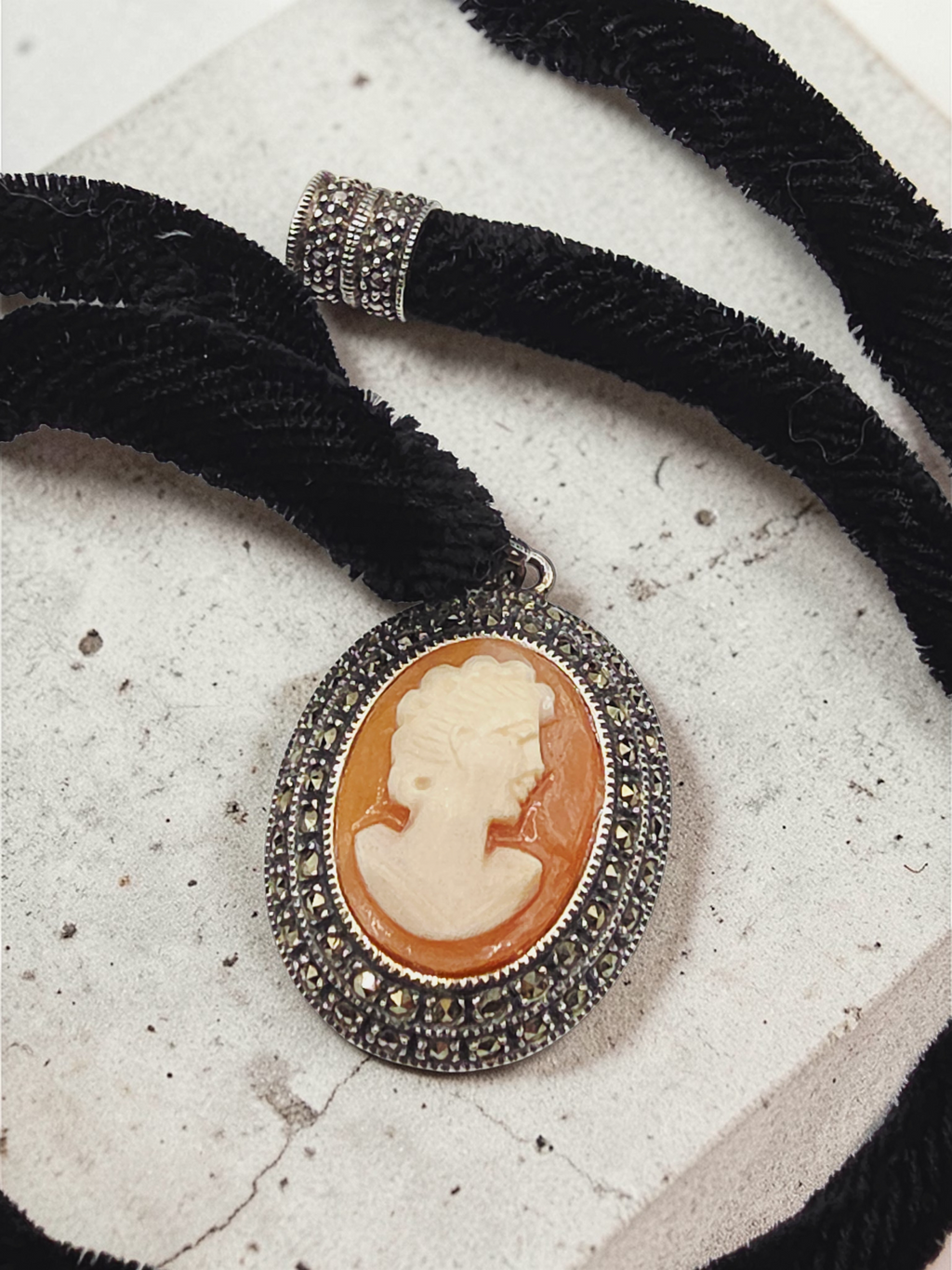 Judith Jack Sterling Silver Marcasite Cameo Pendant Velvet Necklace - Adjustable