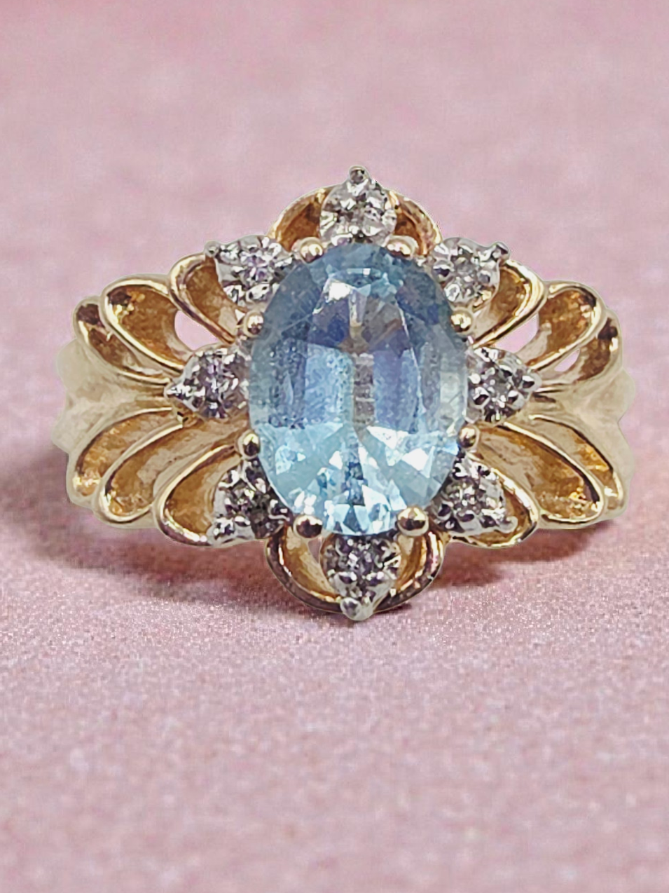 Solid 10K Yellow Gold Ring with Blue Topaz & Diamond Accents - Size 7.75
