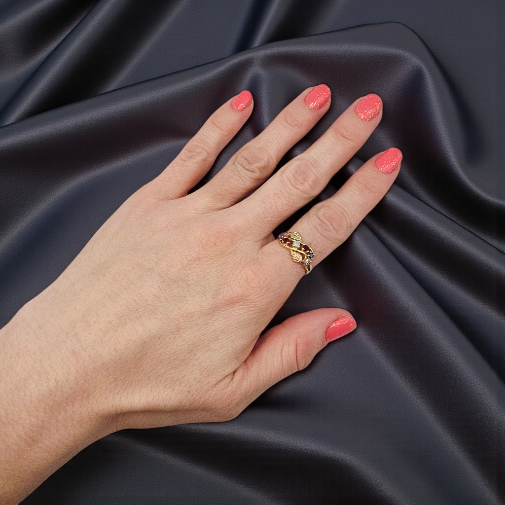 Solid 14K Yellow Gold Ring with Round Cut Opal, Garnet, Blue Topaz, Amethyst, and Diamond Size 8