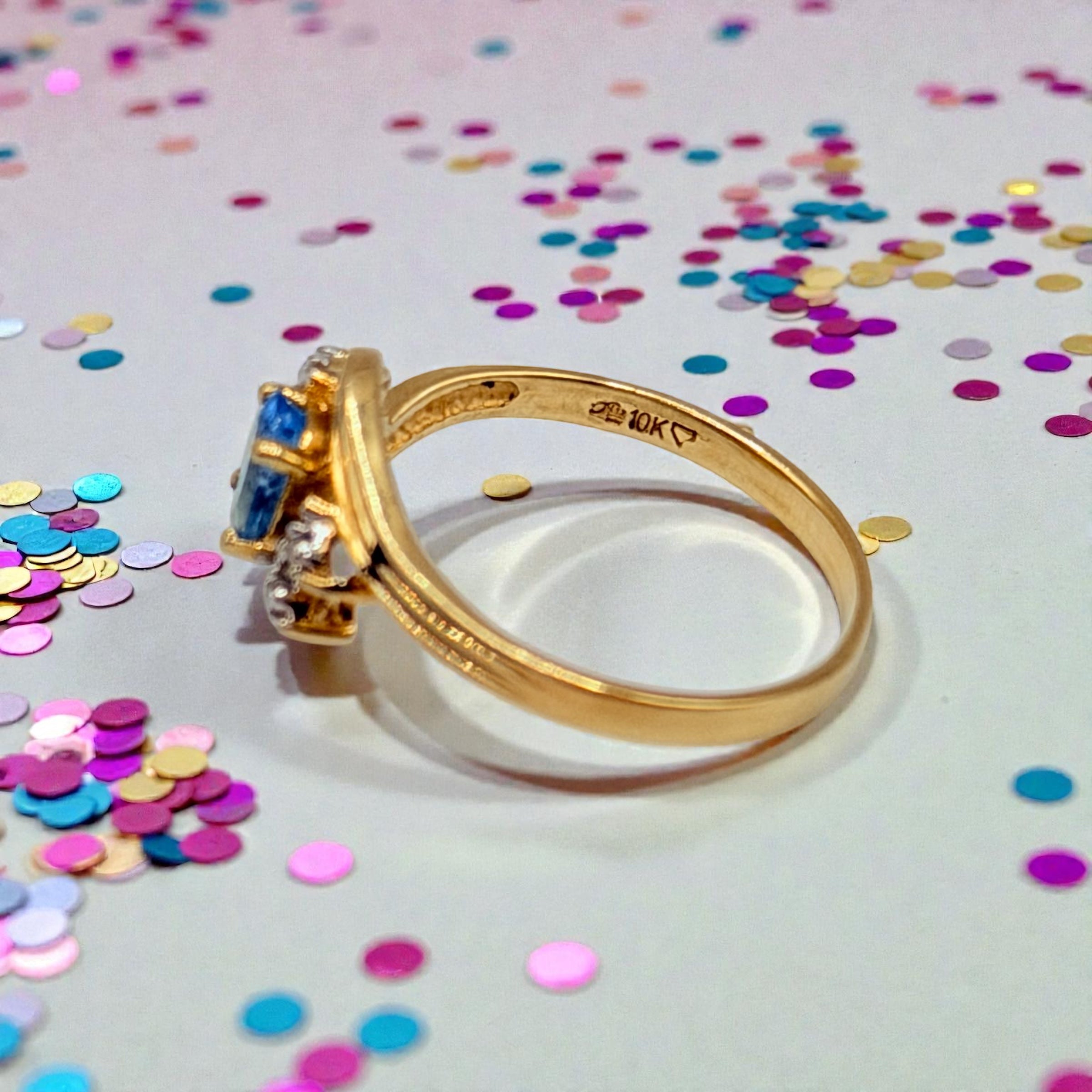 Solid 10K Yellow Gold Ring with Oval Cut Blue Topaz and Diamond Accents Size 7