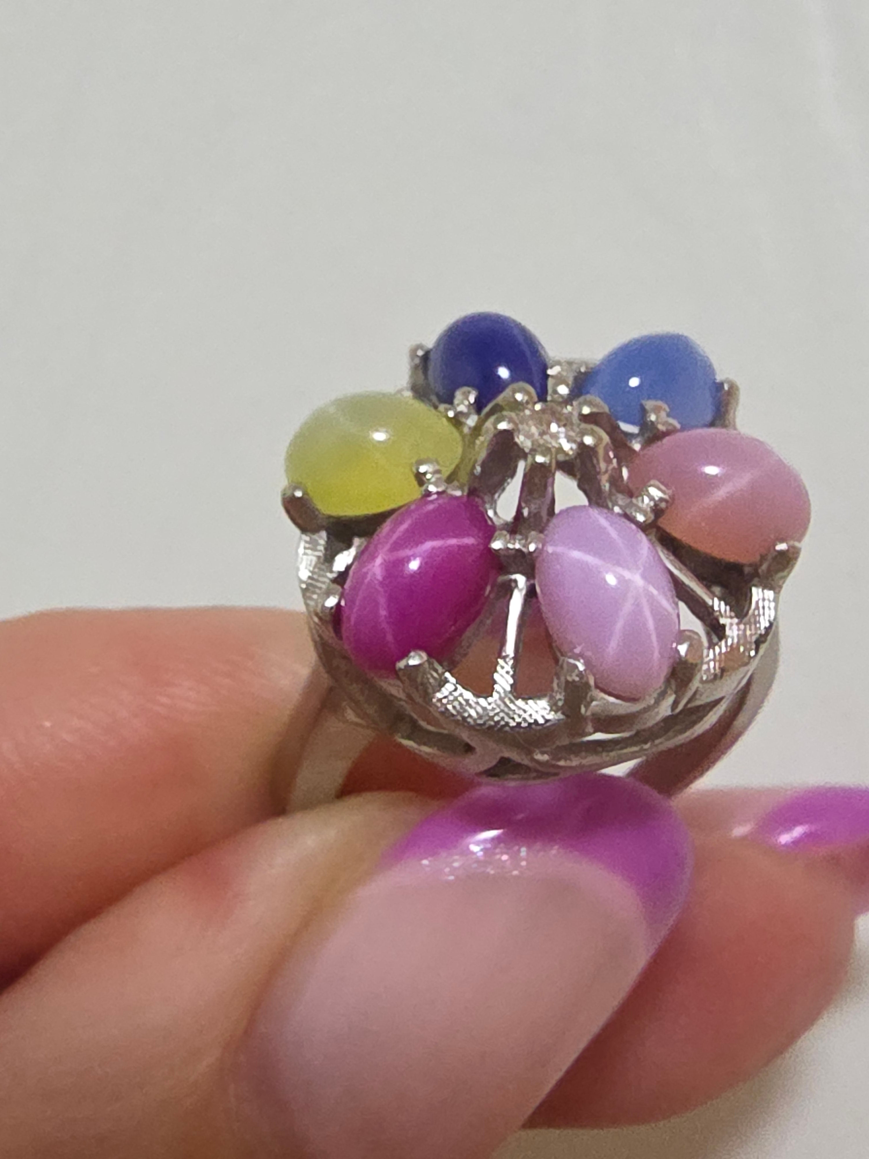Stunning Solid 10K White Gold Diamond & Rainbow Star Sapphire Halo Ring - Size 6
