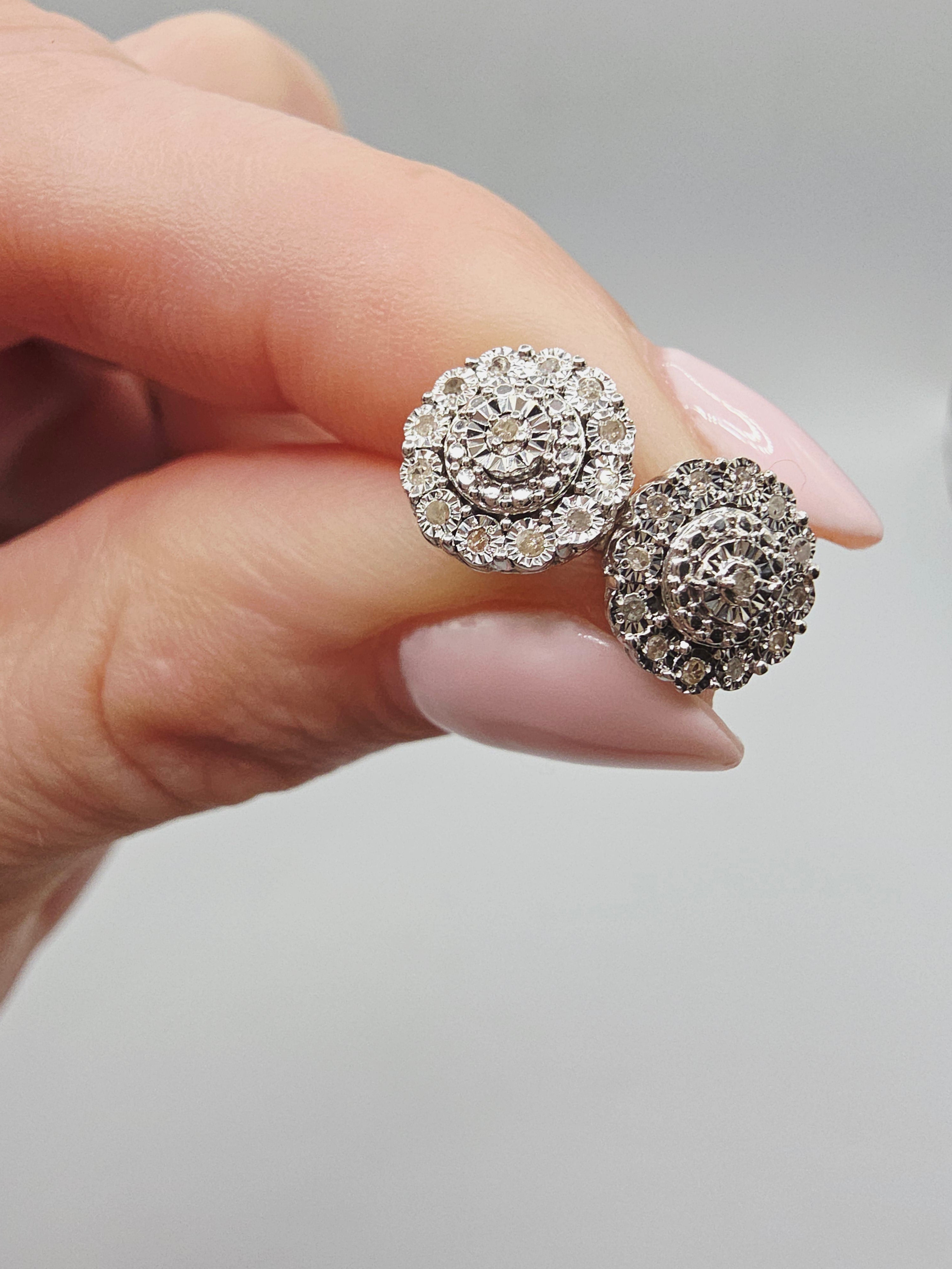 Solid 925 Sterling Silver Bridge Diamond Cluster Stud Earrings - 1/10 CTW