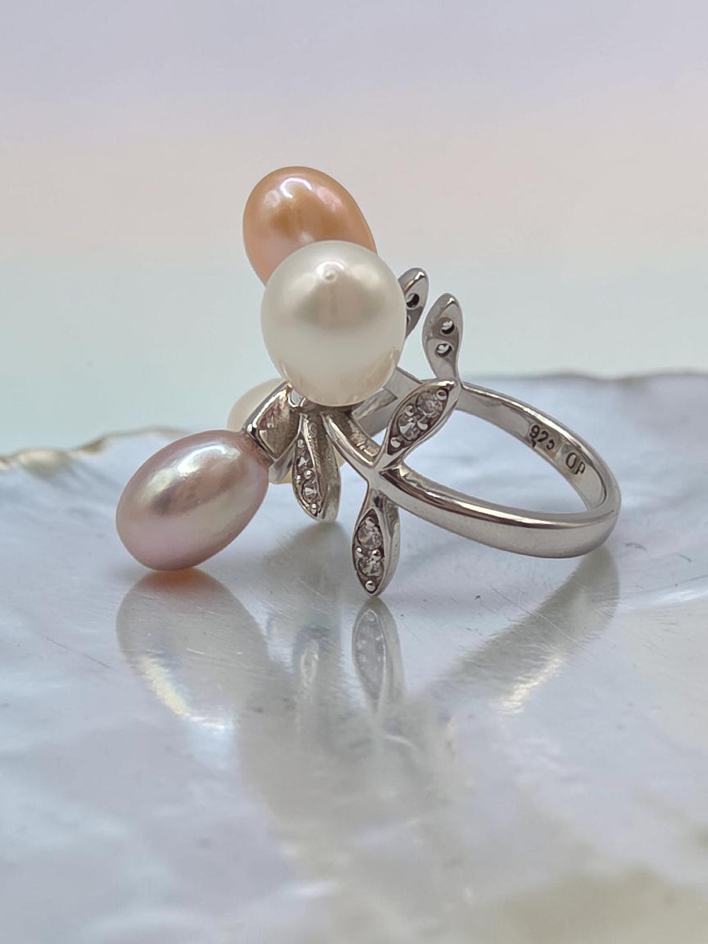 925 Sterling Silver Multi Color Pearl Floral Ring with CZ Leaf Accents - Size 6