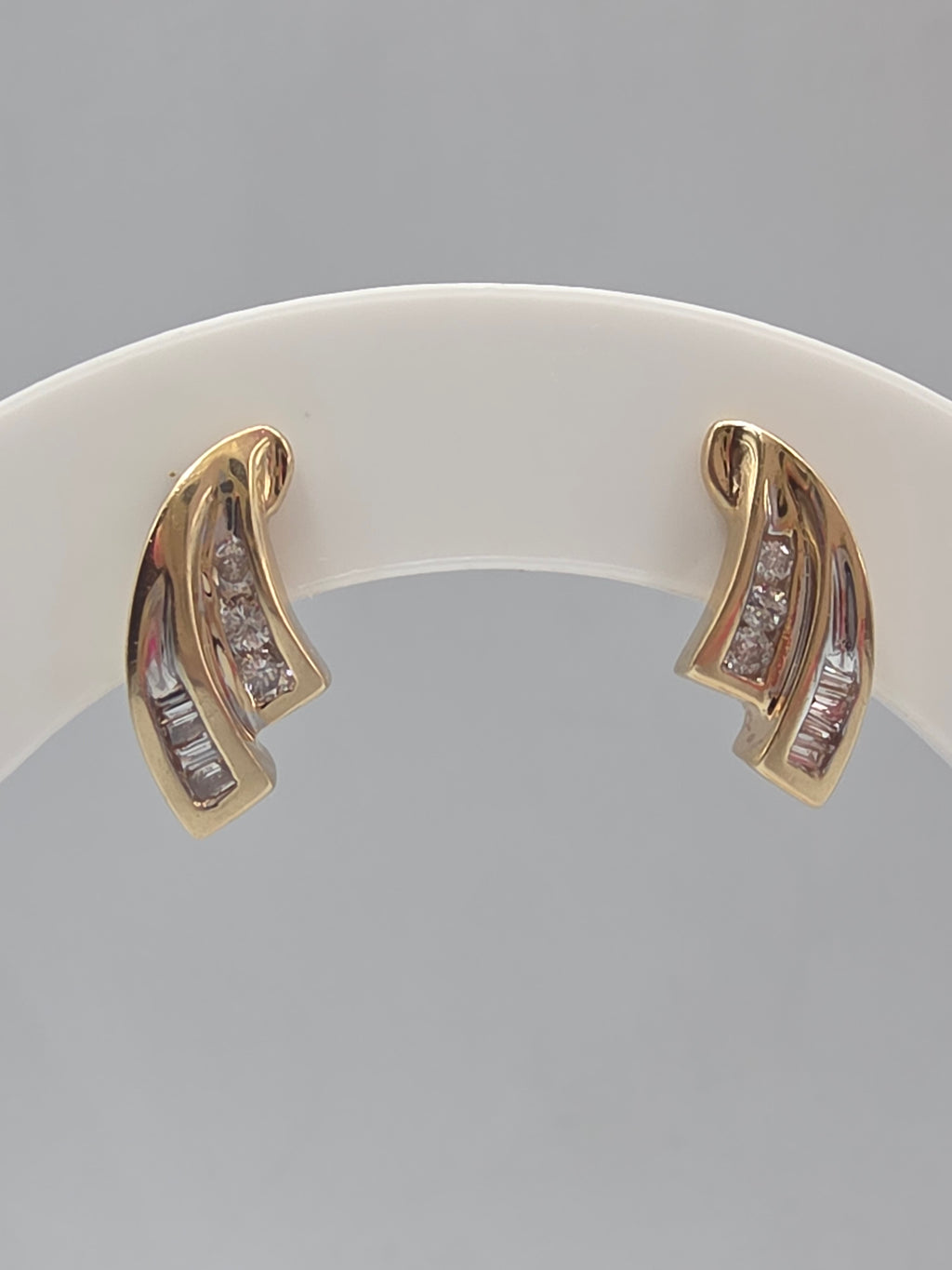Solid 10K Yellow Gold Round & Baguette Diamond Swirl Stud Earrings