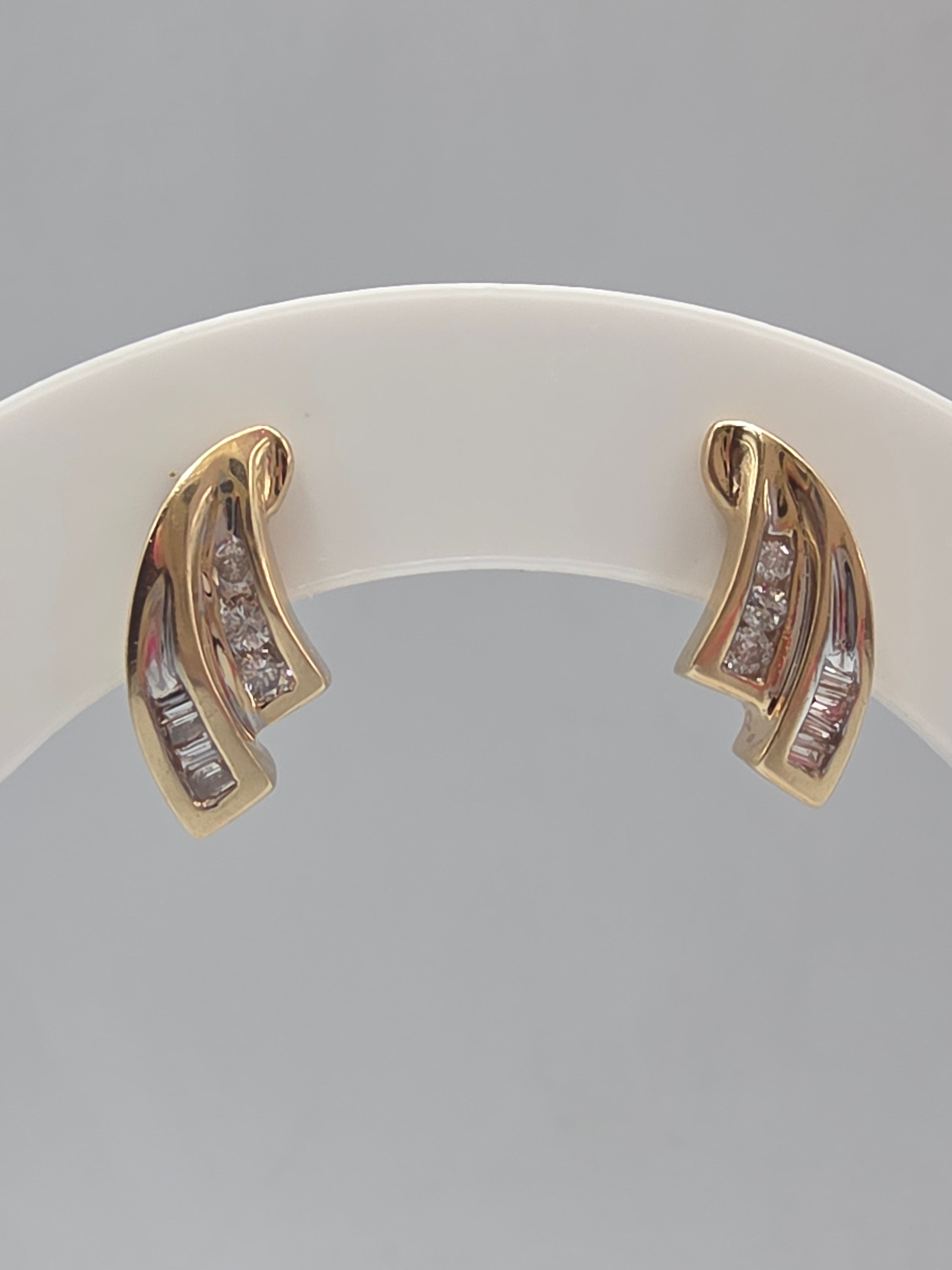 Solid 10K Yellow Gold Round & Baguette Diamond Swirl Stud Earrings