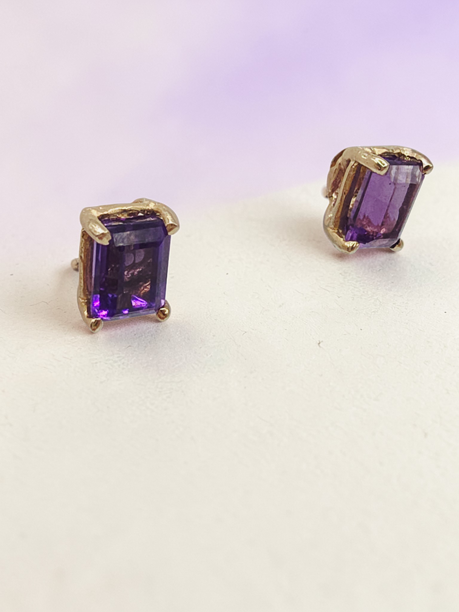 Solid 14K Yellow Gold Emerald Cut Amethyst Stud Earrings