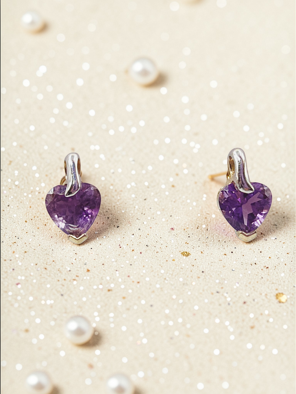 Solid 10 Two-Tone Gold Stud Earrings with Heart-Cut Amethyst