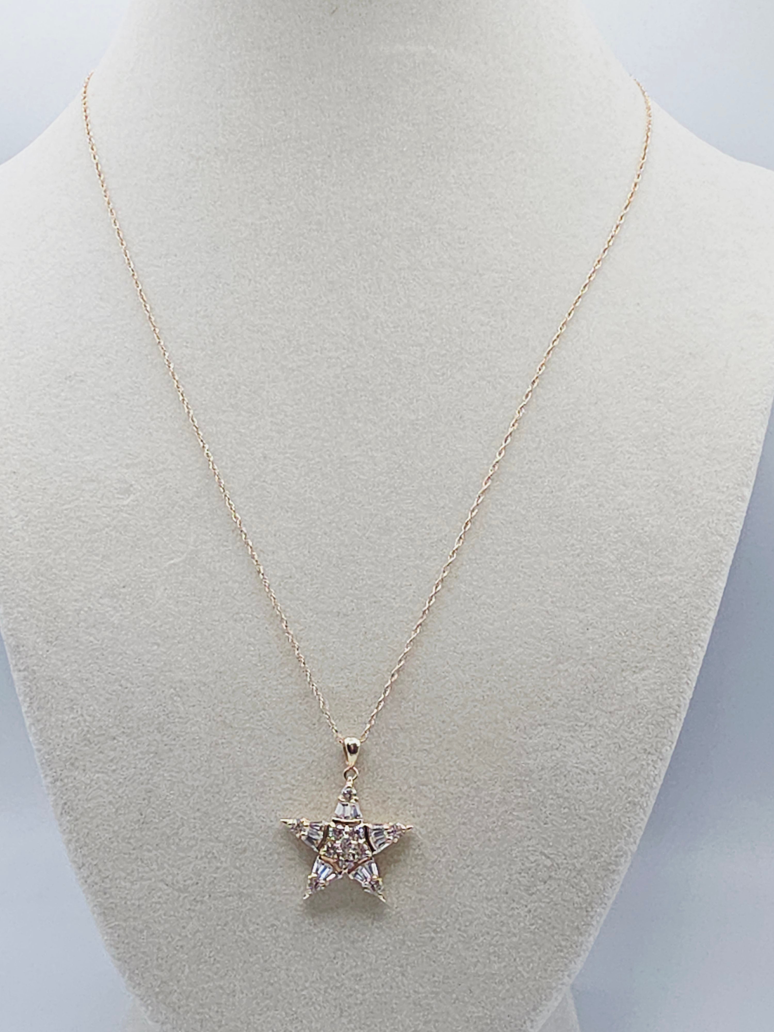 Solid 14K Yellow Gold CZ Star Pendant Necklace - 18 Inch