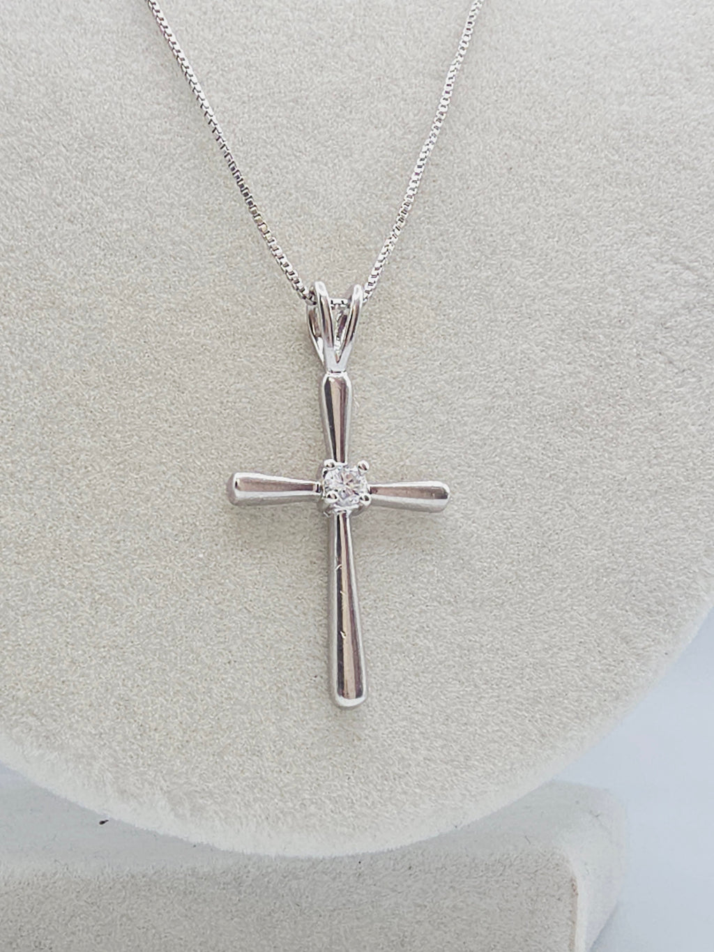 Sterling Silver Cross Pendant Boxchain Necklace with CZ Accent - 20 Inch