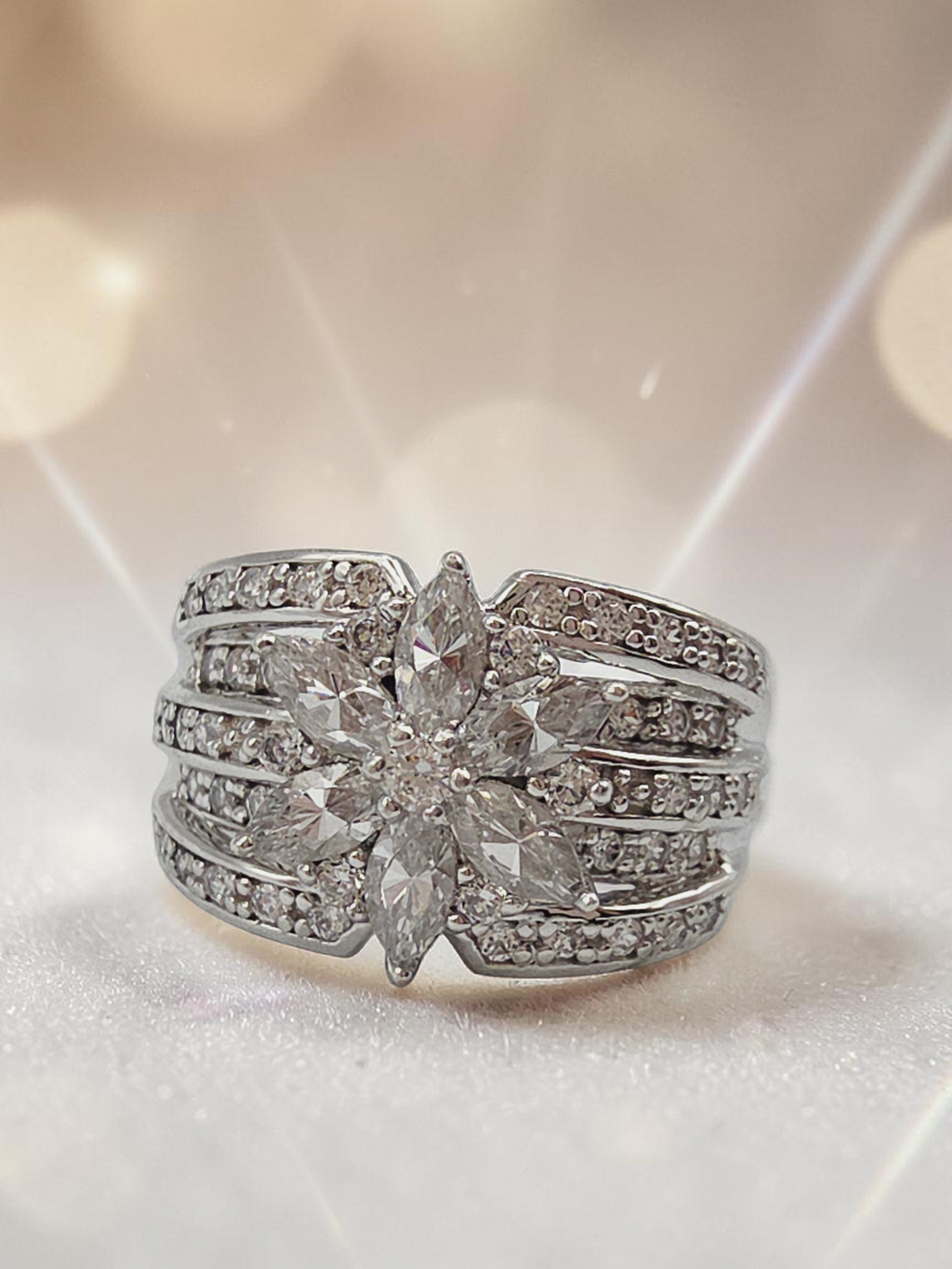 Solid 925 Sterling Silver Marquise Cluster Floral Starburst Ring – Size 6