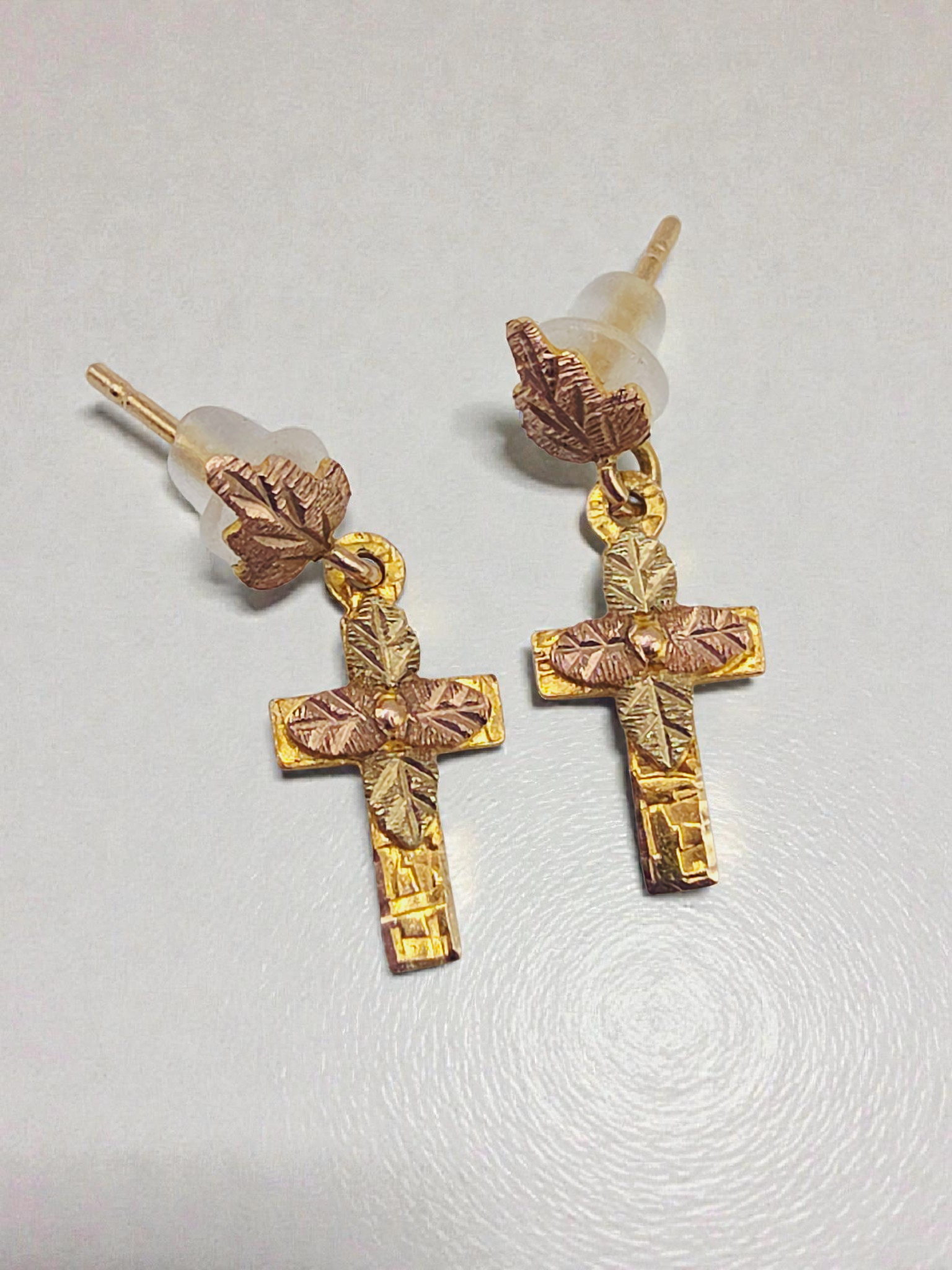 Black Hills Solid 10K Tri-Color Gold Floral Earrings - Rubber Backs